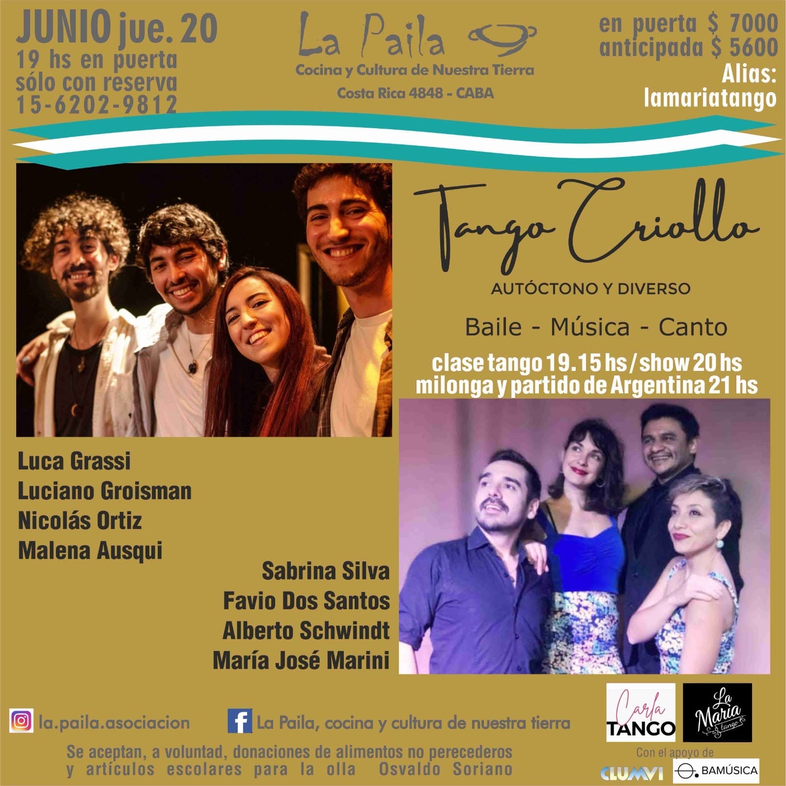 TANGO CRIOLLO 20 6 19hs. Show de tango Comidas regionales 🇦🇷