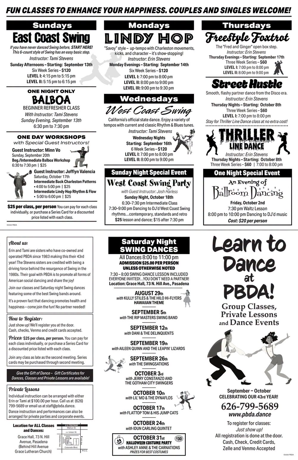 NEW SEPTEMBER SERIES OF CLASSES in Pasadena, at PBDA! (Starts: Sept. 13th)- Lots to Choose From!