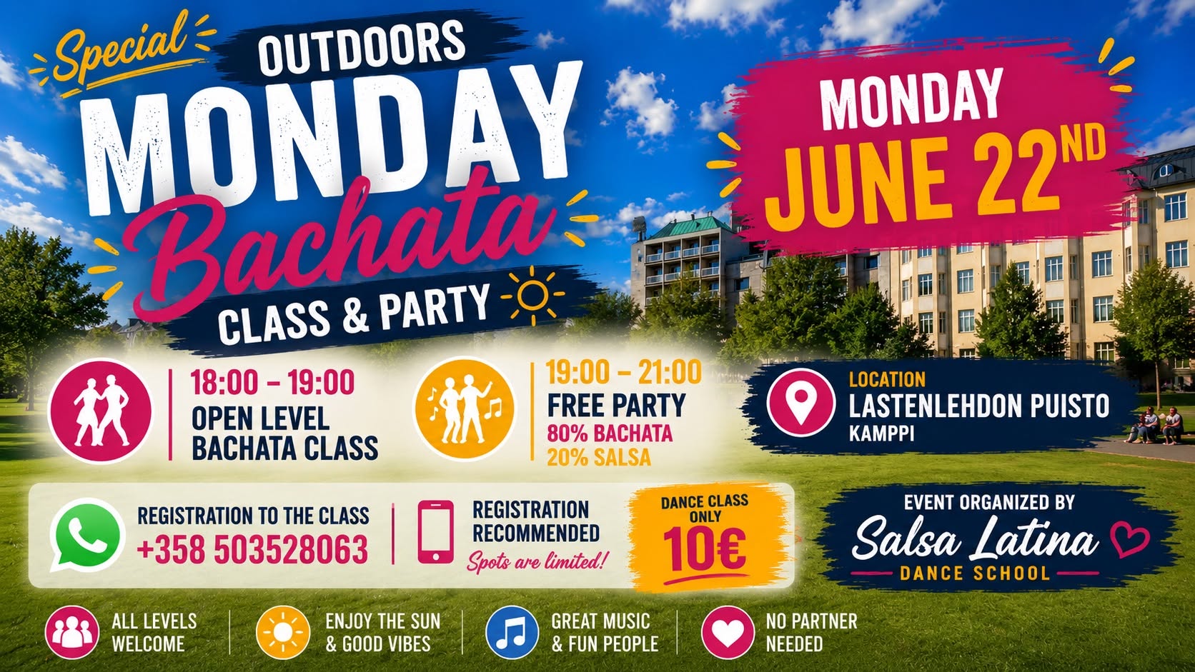 Special Outdoors Bachata Open Level class and FREE Party