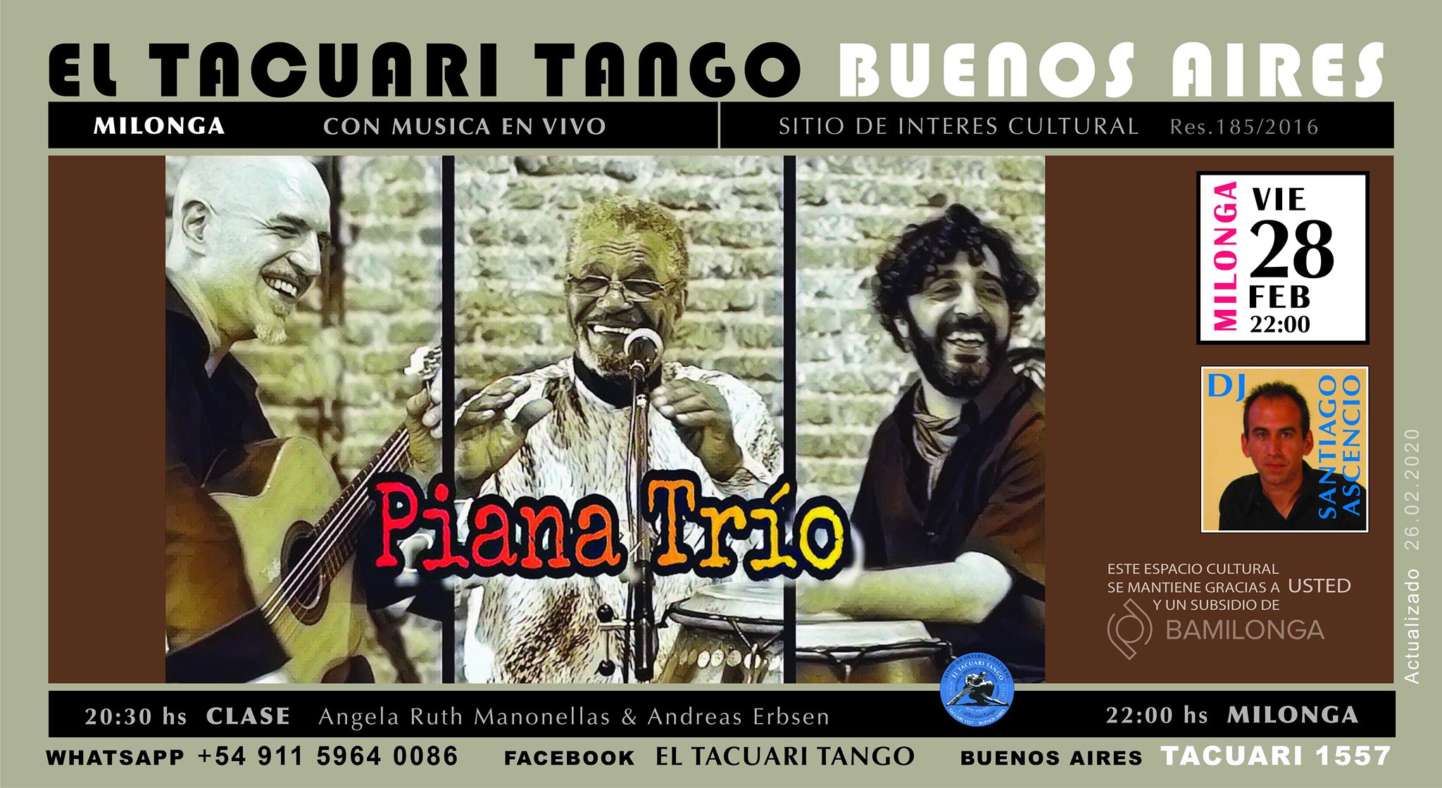 Viernes de milonga en El Tacuarí + Piana Trío en vivo