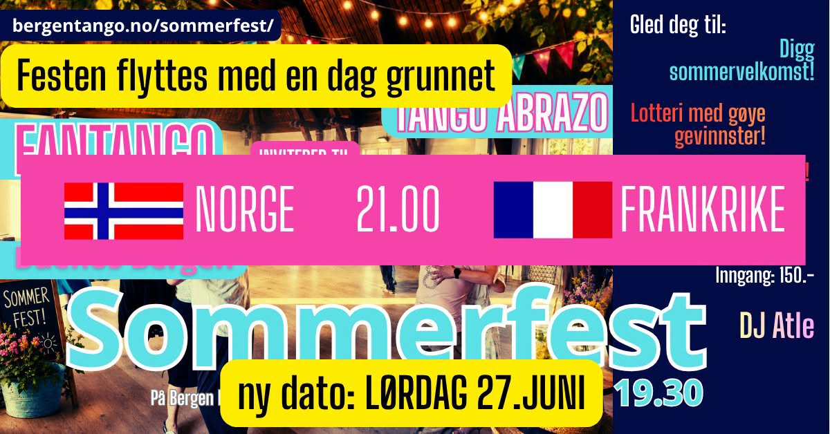 Ny dato: Lørdag 27. juni grunnet fotballkamp. Fantango & Tango Abrazo inviterer til sommerfest!