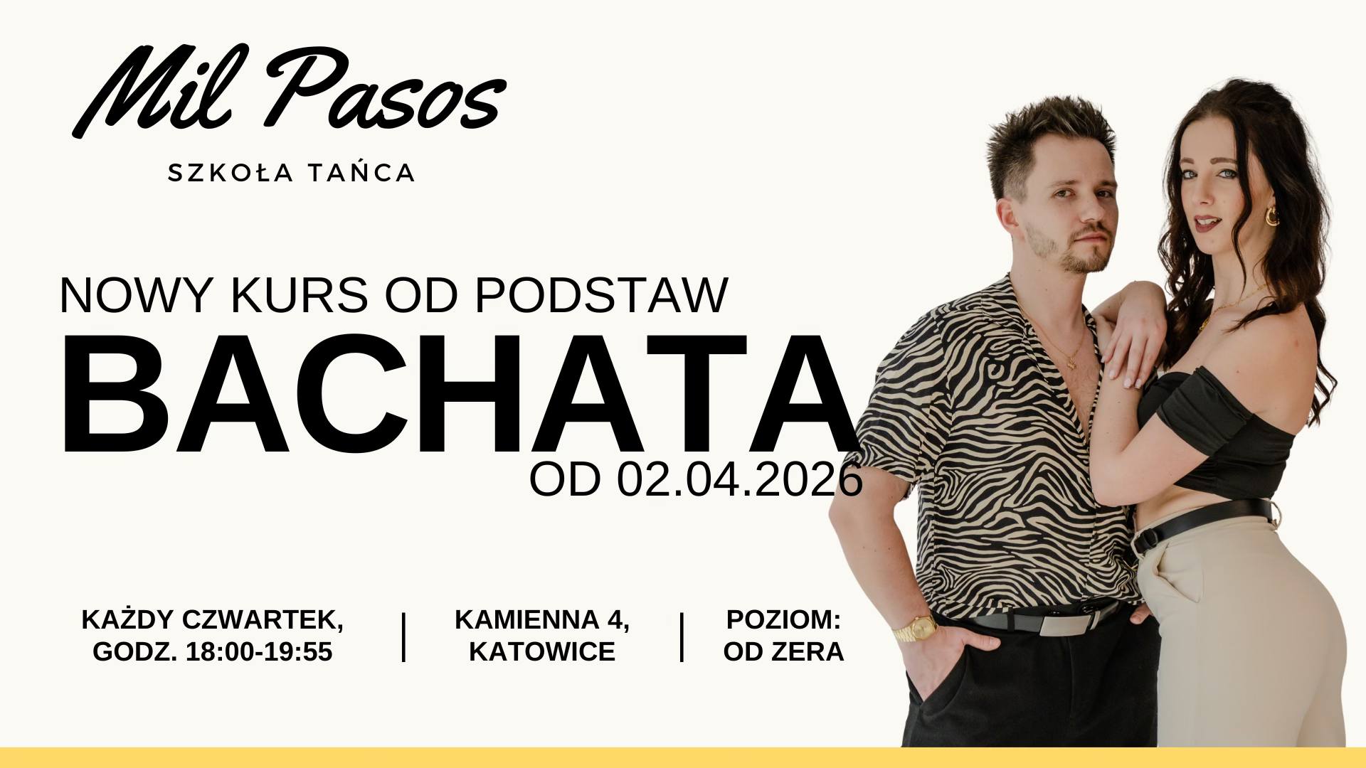 Kurs tańca dla SINGLI i PAR - BACHATA - kurs od zera! CZWARTKI 18:00-19:55 OD 09.04.2026!