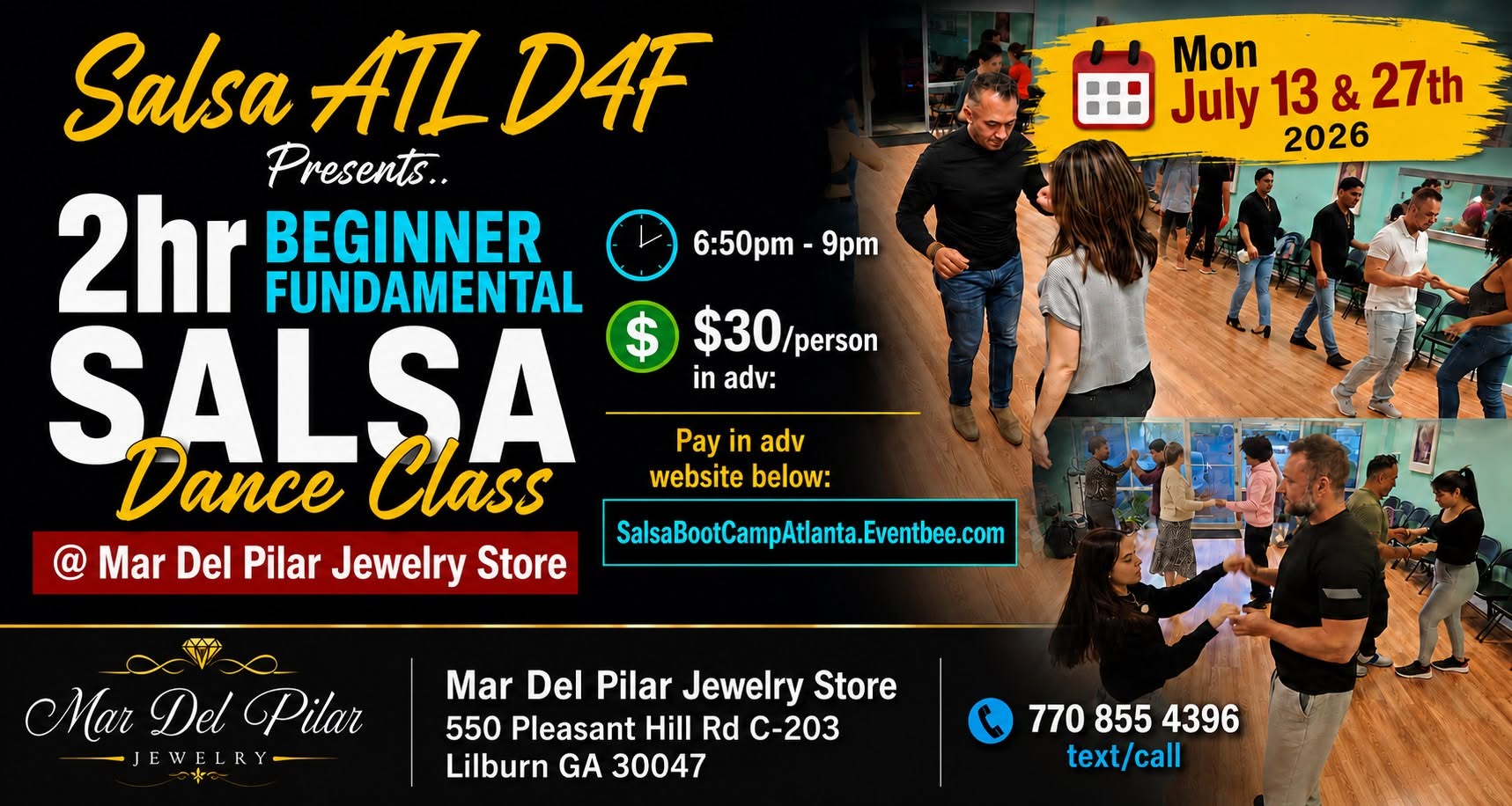 2hr Beginner Salsa Dance Class @ Mar Del Pilar Jewelry Store