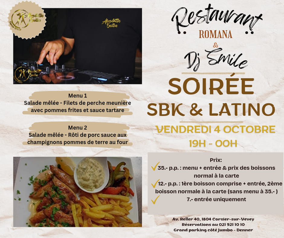 Repas + Soirée SBK & Latino à la Romana Corsier-sur-VEVEY🎉