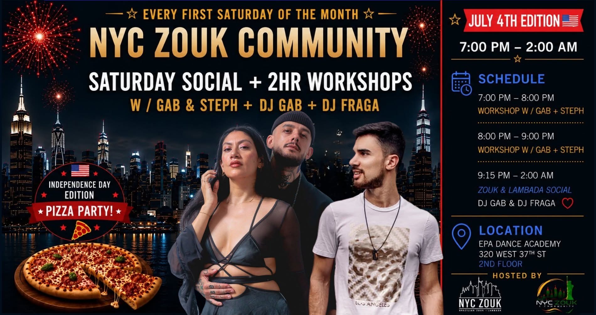 NYC ZOUK 1ST SATURDAY OF THE MONTH SOCIAL+PIZZA PARTY w GAB & STEPH + DJ GAB + DJ FRAGA!!!!