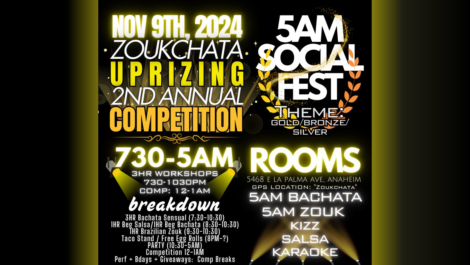 Zoukchata Uprizing #102 5AM Social-FEST + COMPETITION!! 5 Rooms: Bachata Salsa Zouk Kiz karaoke!!!!