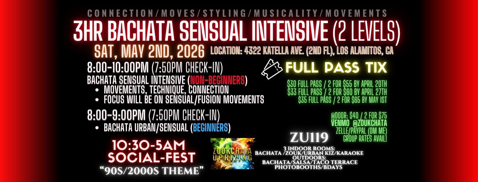3HR SENSUAL BACHATA INTENSIVE! 2 Levels (Beginner & Int Adv!) Social Afterwards!!