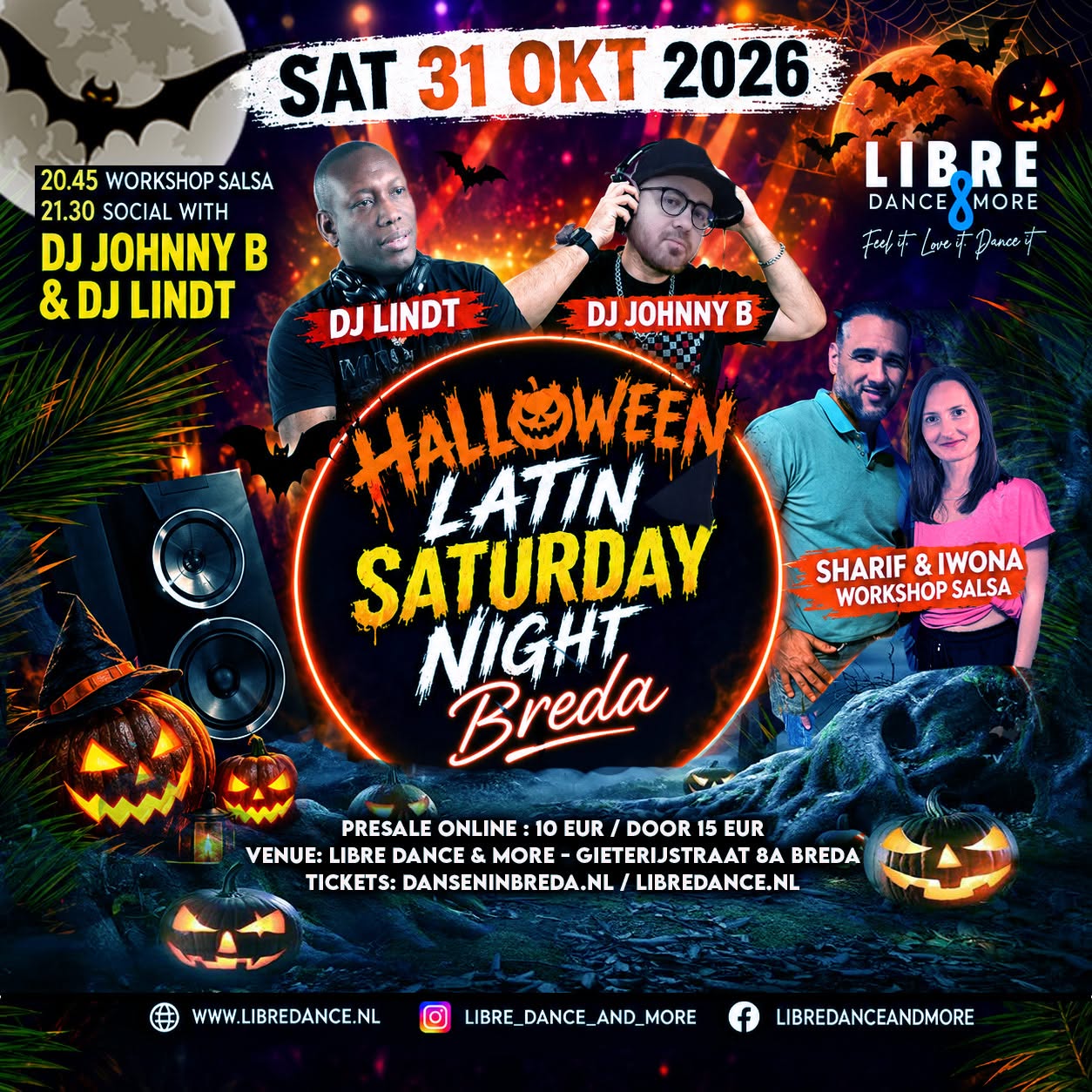 ZAT 31 OKT 2026 LATIN HALLOWEEN BREDA Johnny B & Lindt WORKSHOP SALSA VVK 10 EUR deur 15 EUR