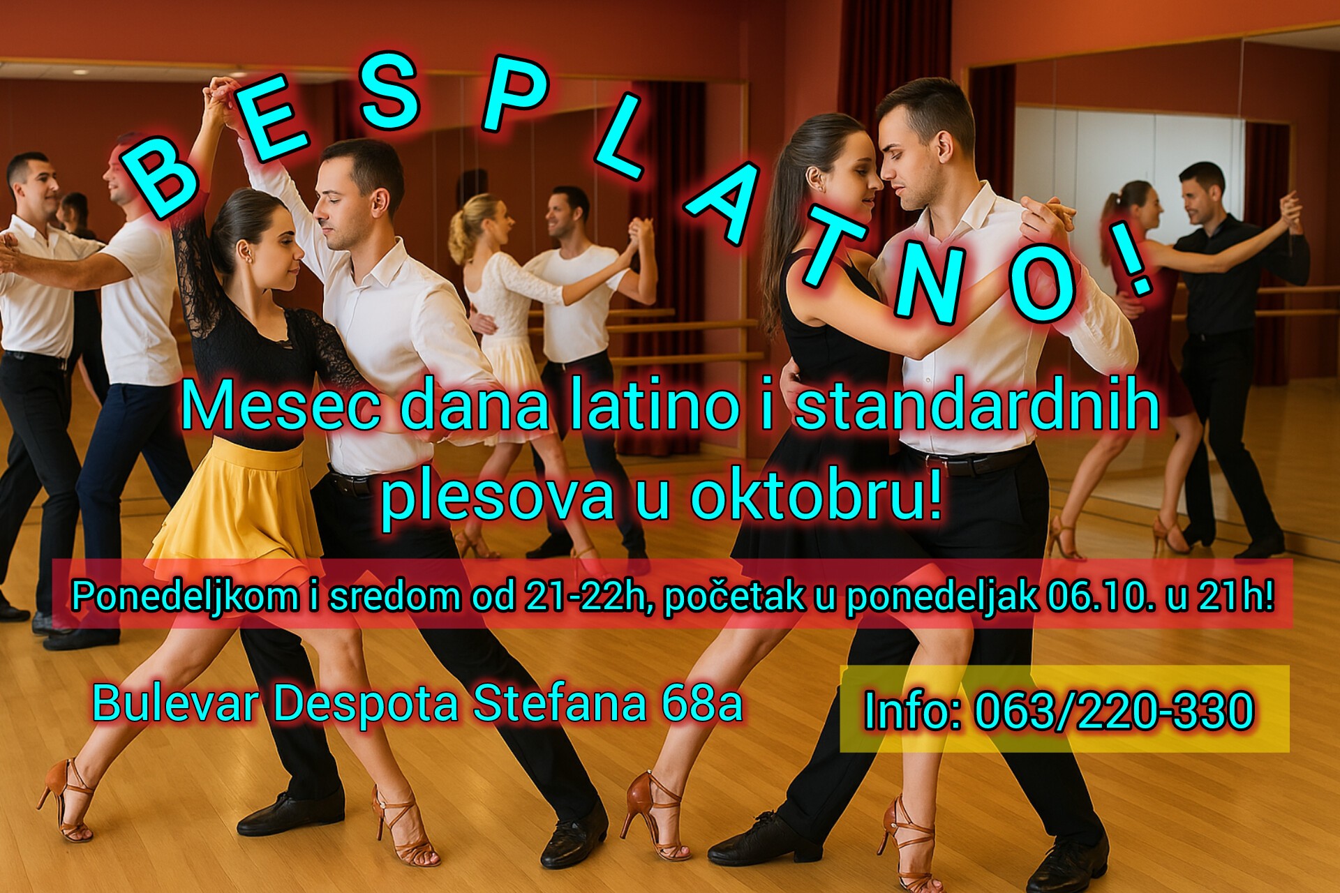 BESPLATNO mesec dana latino i standardnih plesova u oktobru! Početak 06.10. u 21h! 💃🕺🎶
