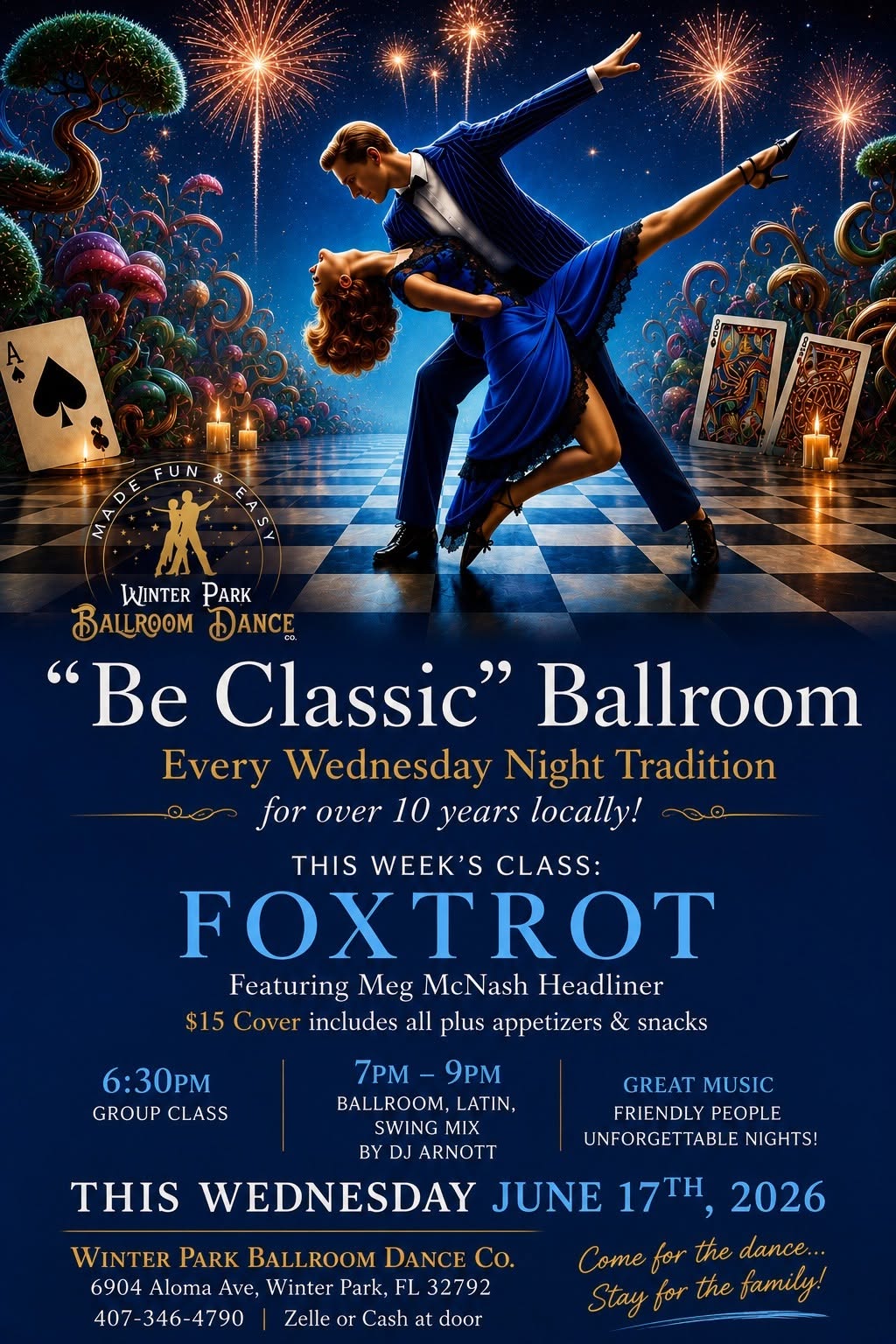 Meg McNash is Headliner Wednesday "Be Classic" Ballroom Dance w. Foxtrot Fun Class