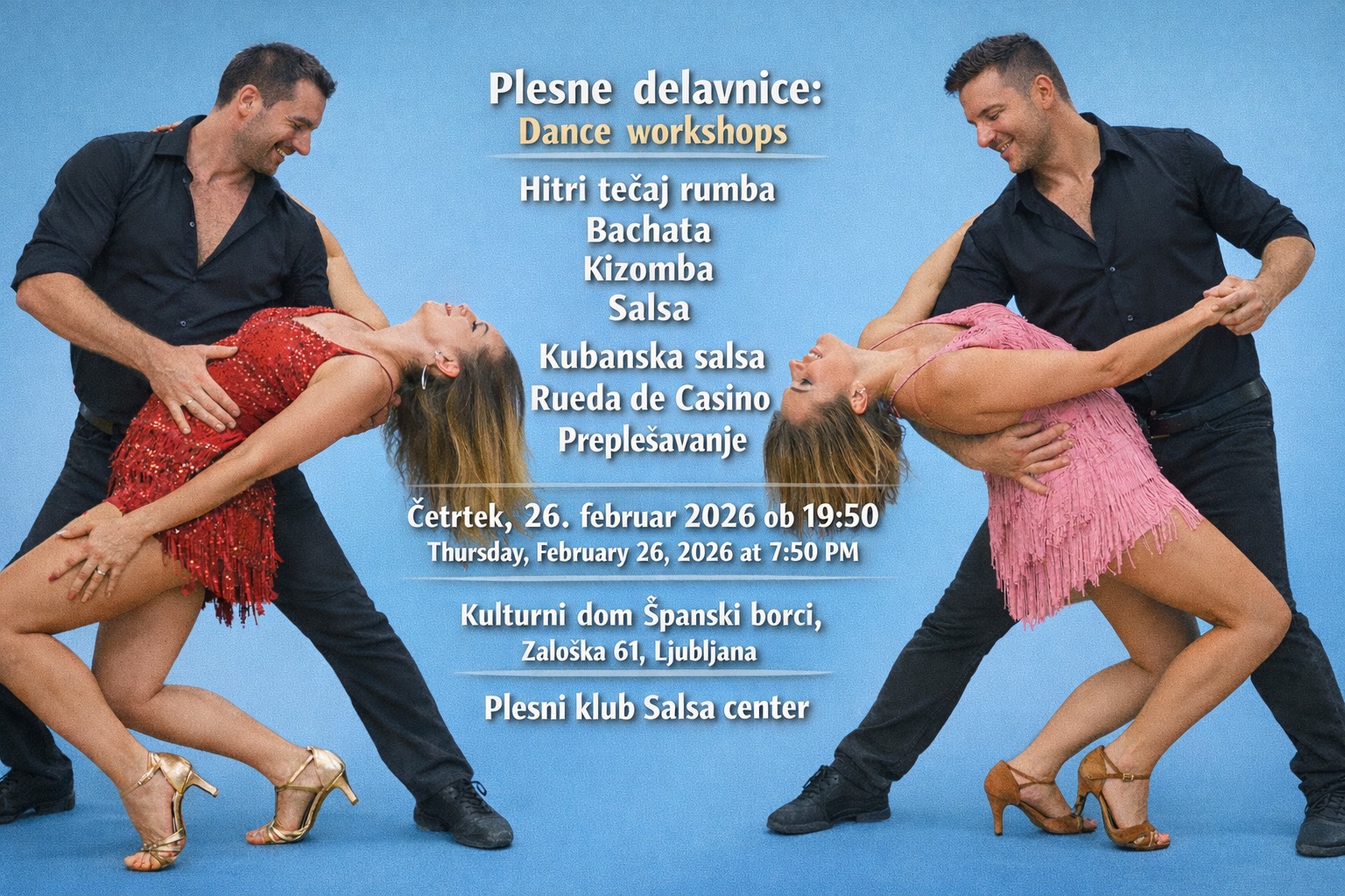 Preplesavanje in plesne delavnice: Salsa, bachata, kizomba, Bachata rueda in Rueda de Casino