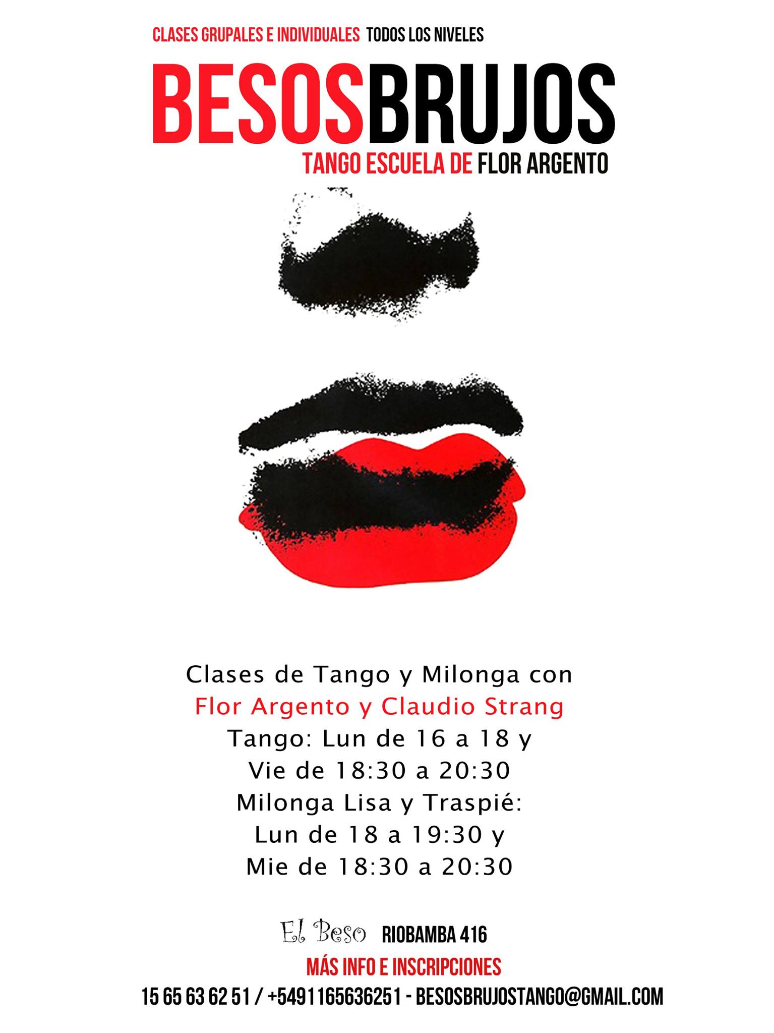 Clases de Tango y Milonga con Flor Argento y Claudio Strang en Besos Brujos Tango Escuela.