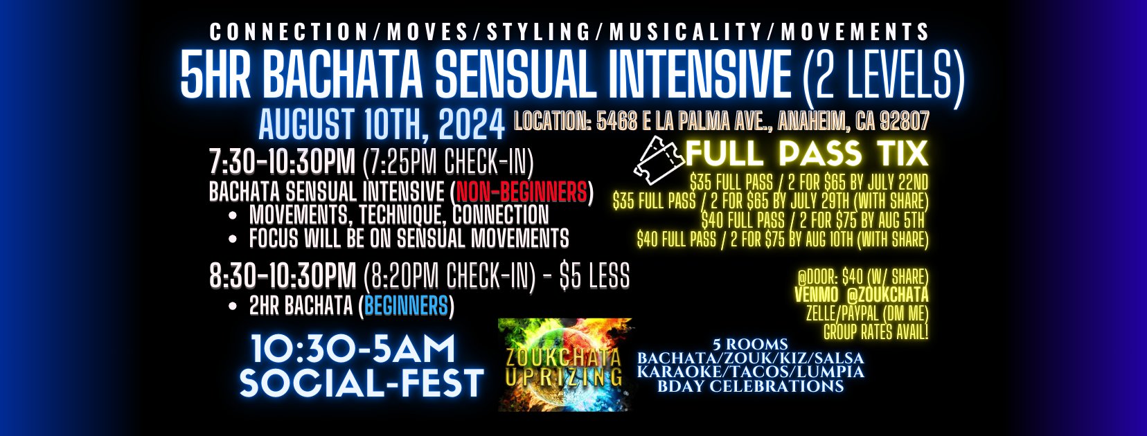 5HR SENSUAL BACHATA INTENSIVES (2 Levels)! Techniques Movement Connection Patterns!!