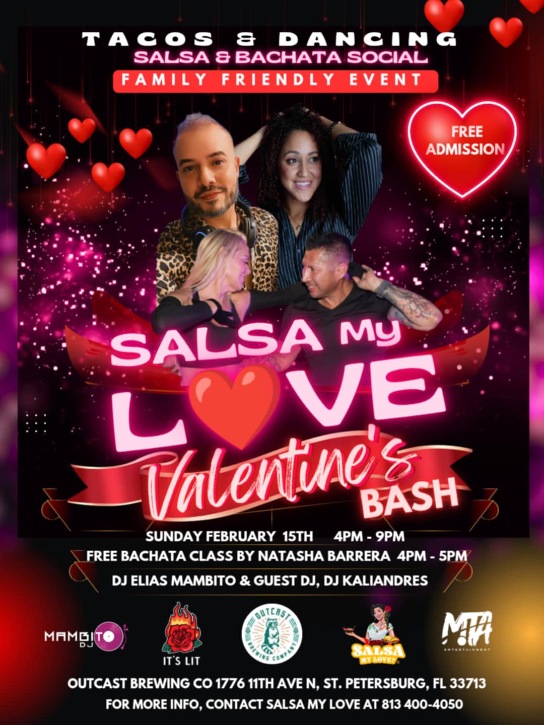Tacos & Dancing My Love SALSA & BACHATA Valentine’s Bash @ Outcast Brewing Co St Pete FREE ADMISSION