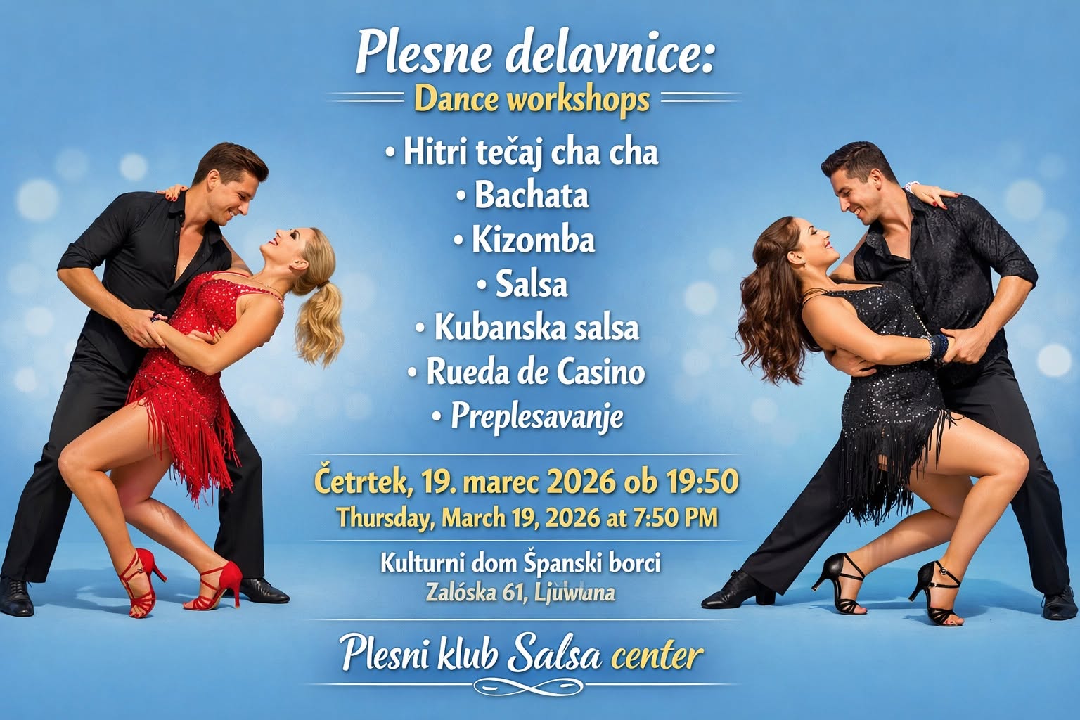 Preplesavanje in plesne delavnice: Salsa, bachata, kizomba, Bachata rueda in Rueda de Casino