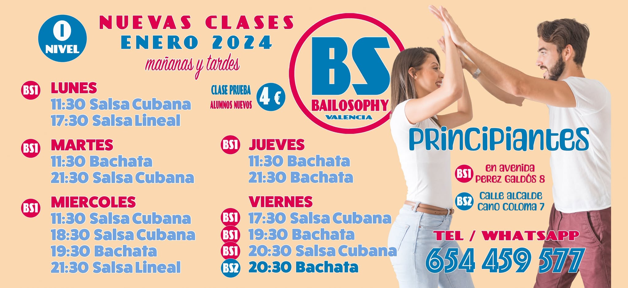 Inicio de 14 nuevas clases de salsa y bachata para principiantes nivel 0 en Enero con Bailosophy