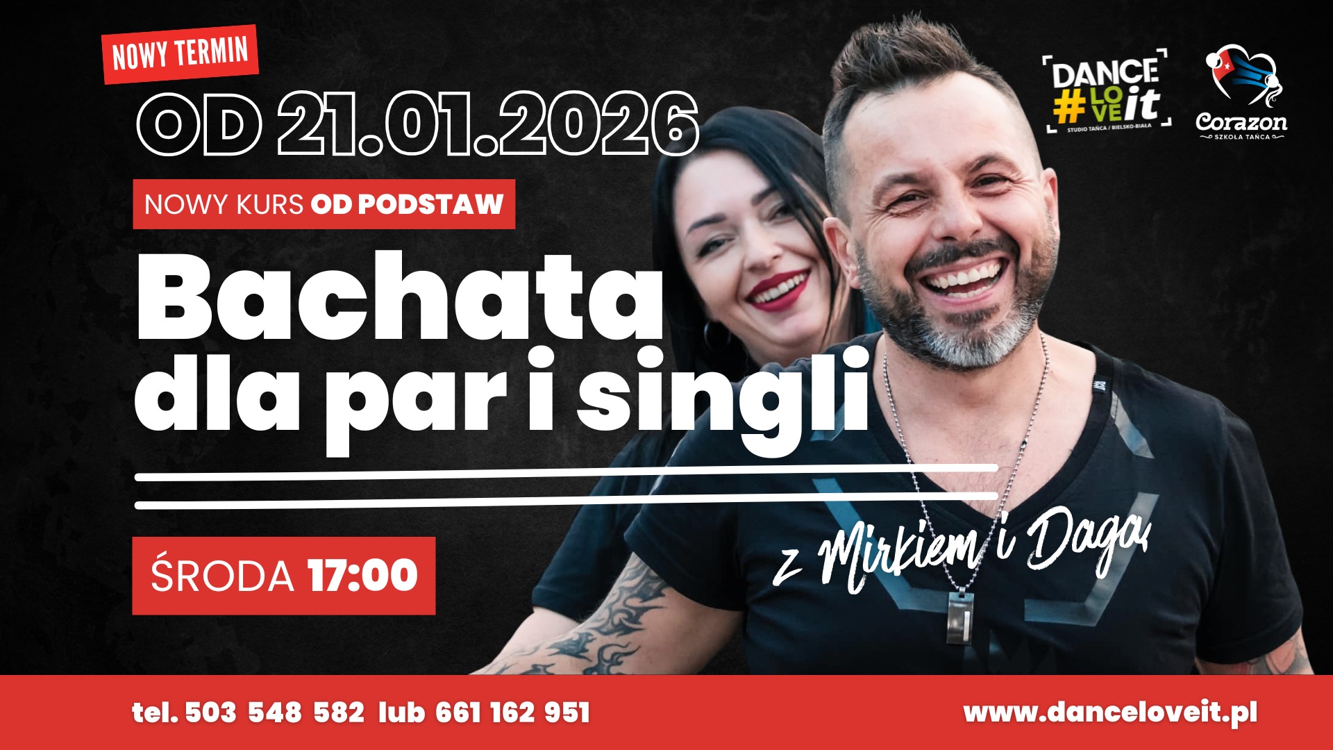 💃🕺 Bachata dla par i singli ŚRODA 17:00 ‼️NOWY KURS OD PODSTAW‼️ z Mirkiem i Dagą