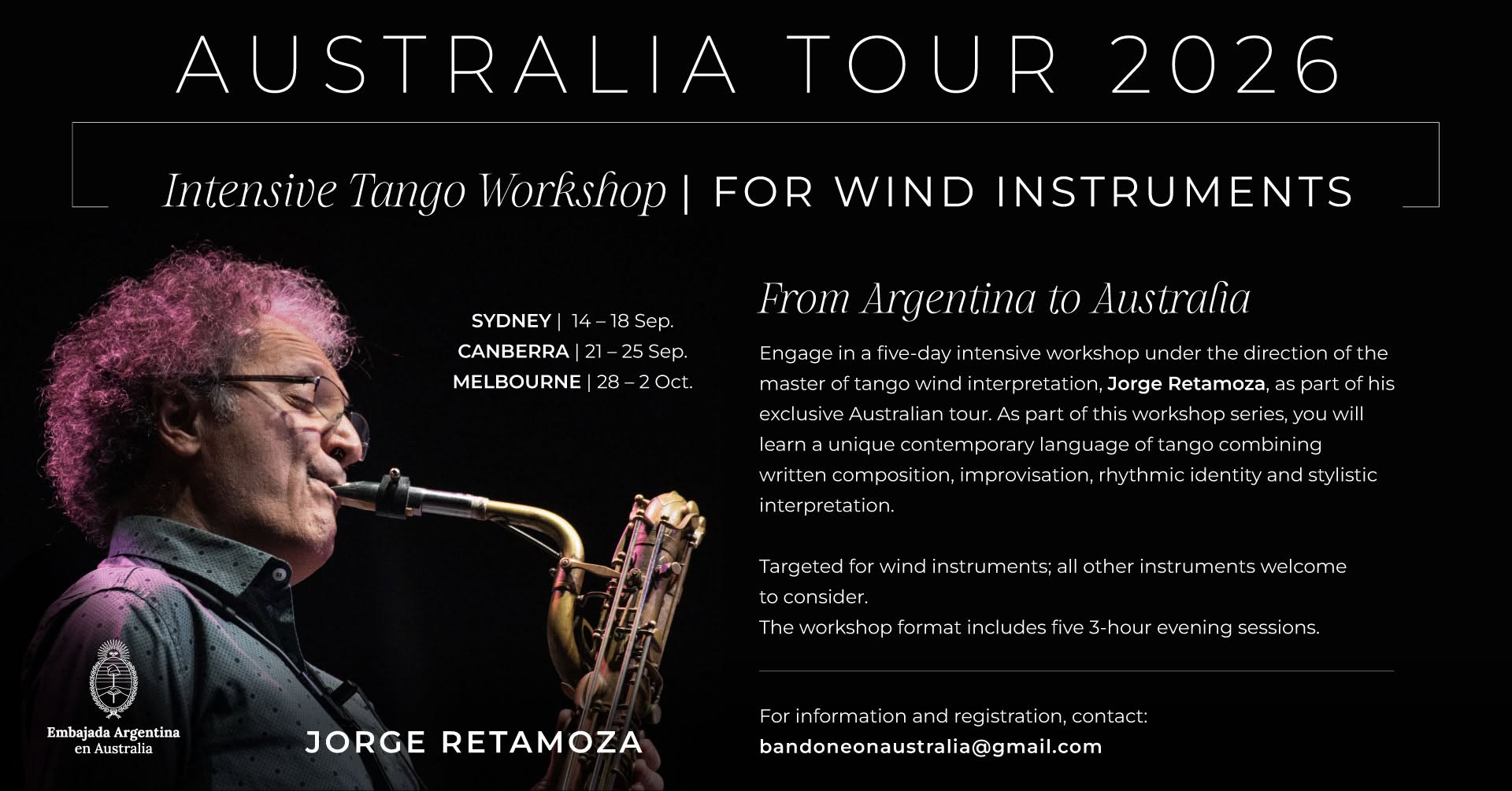 CANBERRA: Intensive Tango Ensemble Workshop with Jorge Retamoza