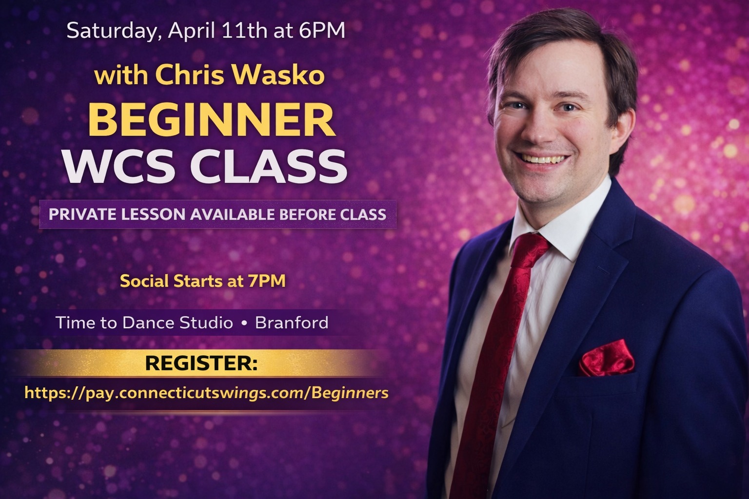 West Coast Swing Beginner Class w Chris Wasko April 11 at 6PM