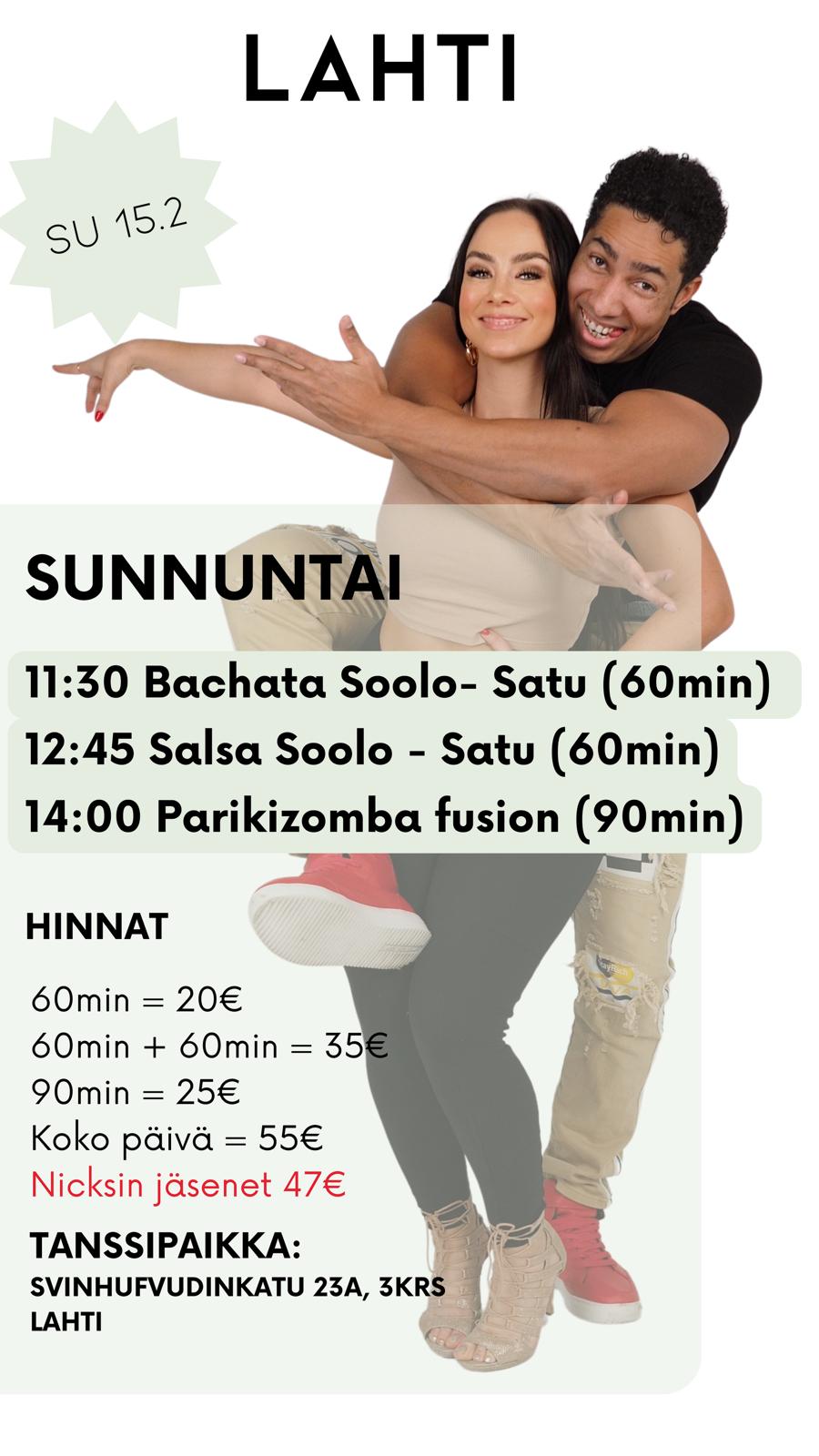 Bachata + Salsa soolot, Kizomba Fusion (paritunti) Lahti 15.2.2026