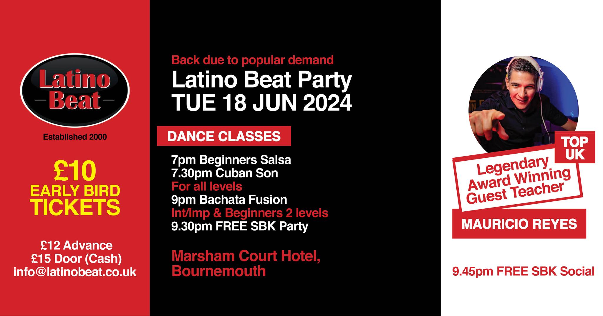TUE 18 JUN Latino Beat Party Guest Salsa Teacher MAURICIO REYES @ MARSHAM COURT HOTEL BOURNEMOUTH