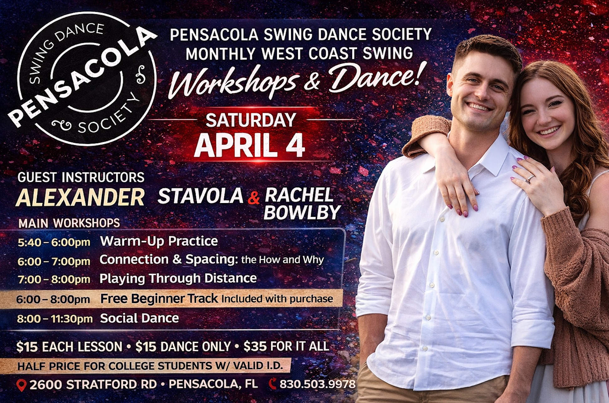Alexander Stavola and Rachel Bowlby teach at our 1st Saturday WCS lessons and social at Ragon Hall