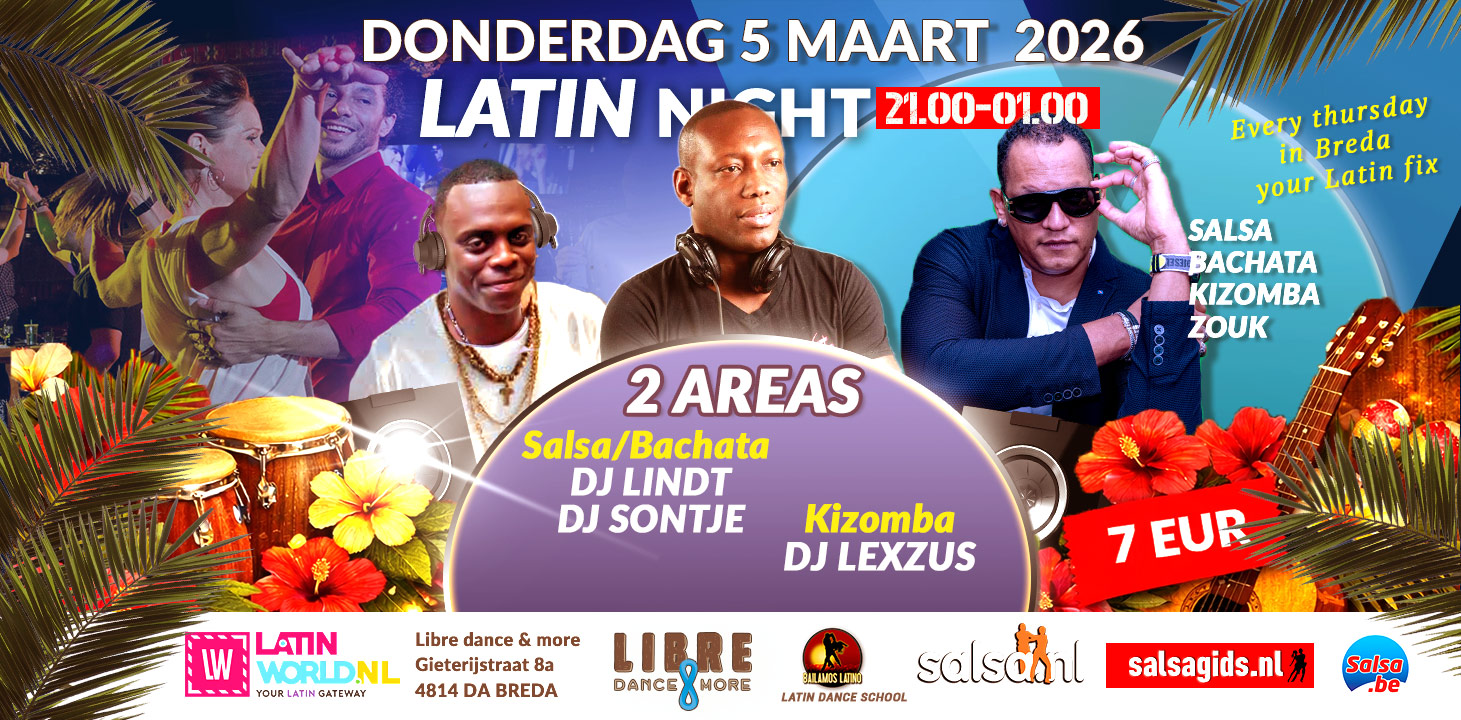 Don 5 MAART 2026 LIBRE LATIN NIGHT 2 AREAS 1 SALSA, BACHATA & 1 KIZOMBA ROOM