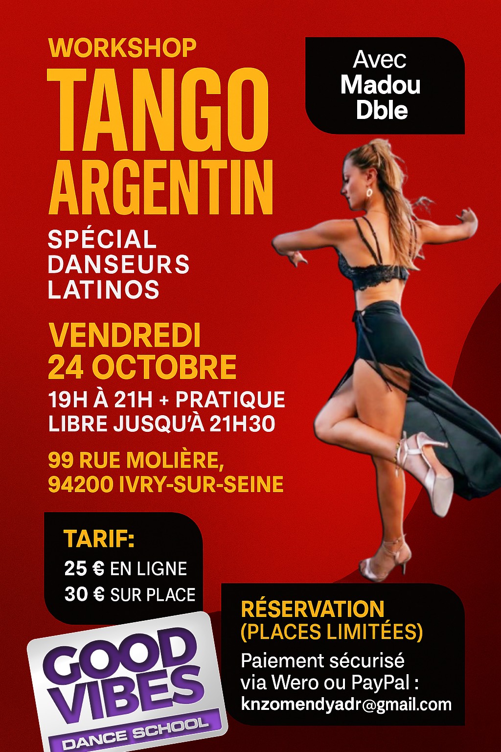Workshops TANGO ARGENTIN - Vendredi 24 octobre đź•– De 19h Ă 21h + pratique jusqu a 21h30