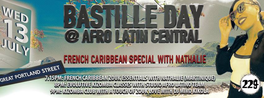 French Caribbean Special at Afro Latin Central: Zouk Essential Moves w Nathalie 7.15pm Kizomba w Studio Afro Latino 8pm DJ Miro Kikola