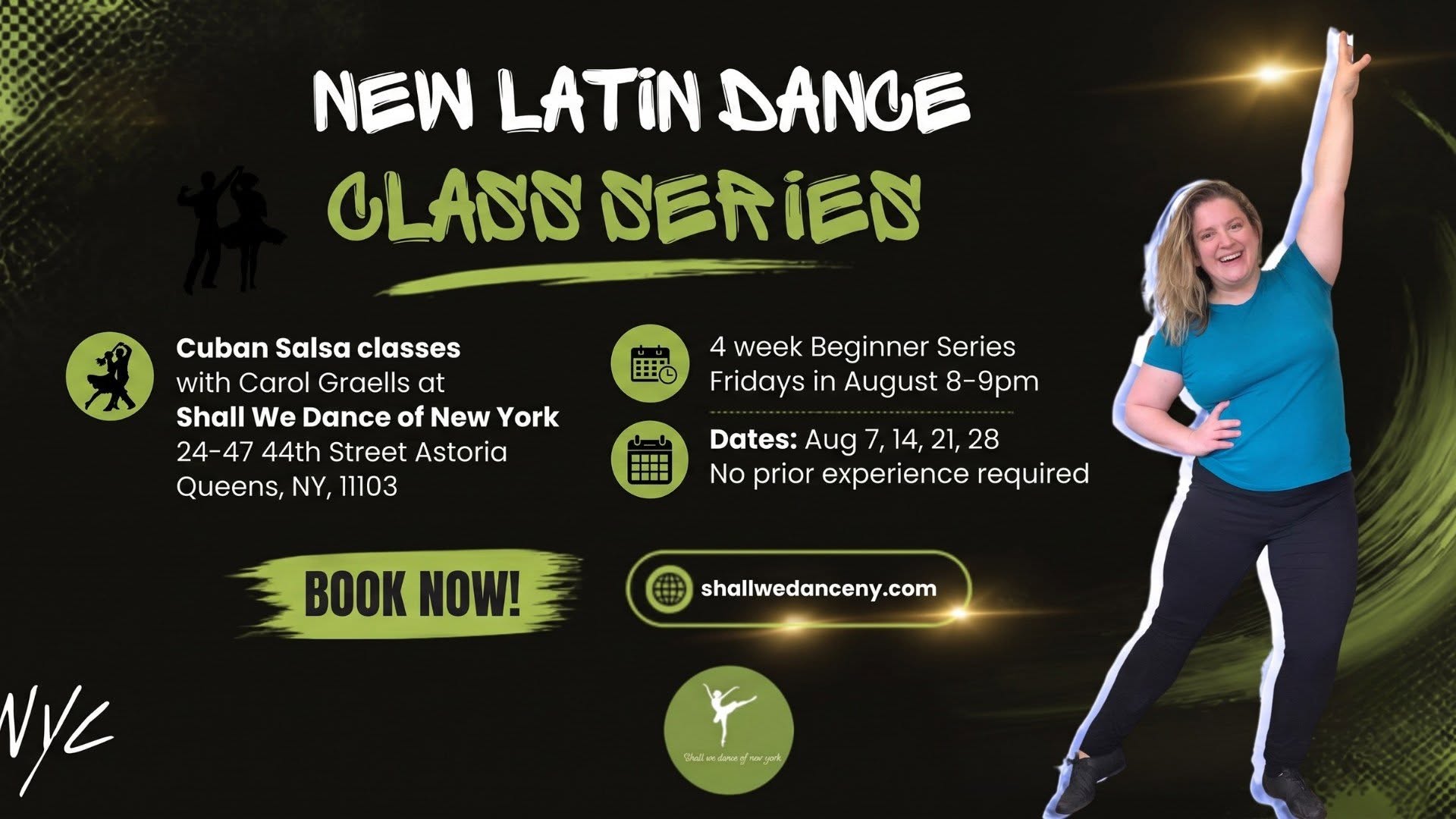 4-week Beginner Cuban Salsa Series with Carol in Astoria, Queens, NYC - Fridays in August 8-9pm