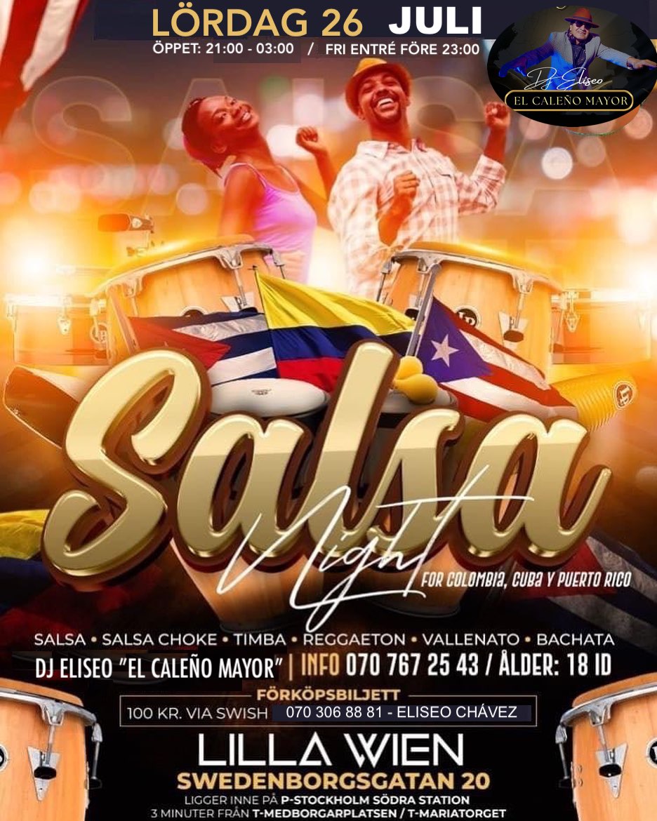 ¡Salsa Night For 🇨🇺🇨🇴🇵🇪🇵🇷 Fri Entré Före kl:23 På Lilla Wien!