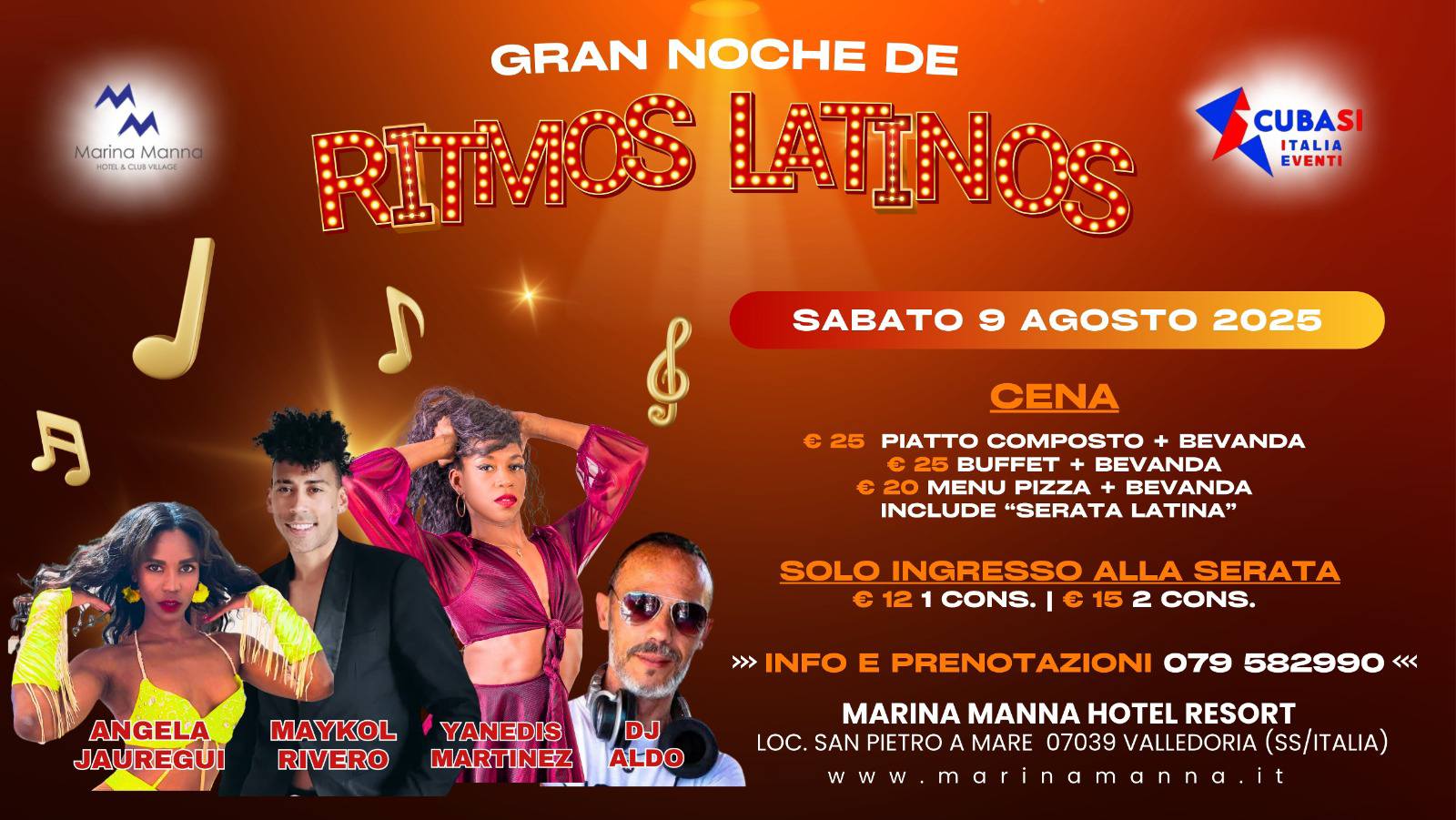 Sab. 09ago25: Yanedis Martinez, Angela Jauregui, Maykel Rivero al CubaSi Valledoria (SS IT). Dj Aldo