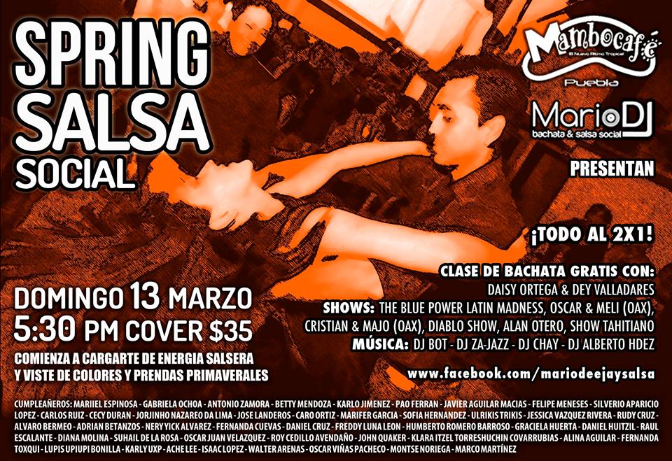 SPRING SALSA SOCIAL DOMINGO 13 MARZO 5:30 pm EN MAMBO CAFE PUEBLA