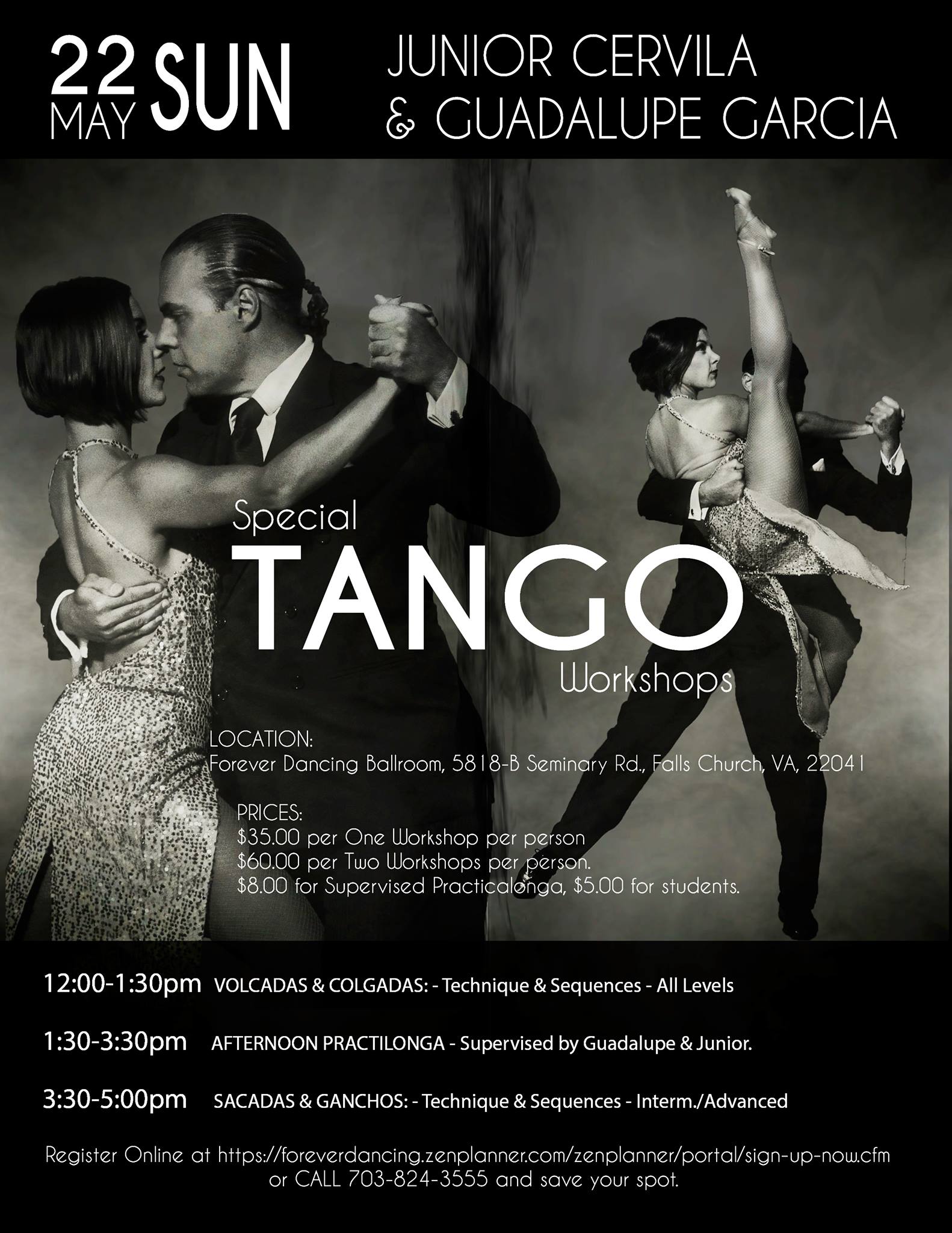 Sunday, May 22nd-Argentine Tango Workshop & Practilonga w JUNIOR CERVILA and GUADALUPE GARCIA at Forever Dancing Ballroom