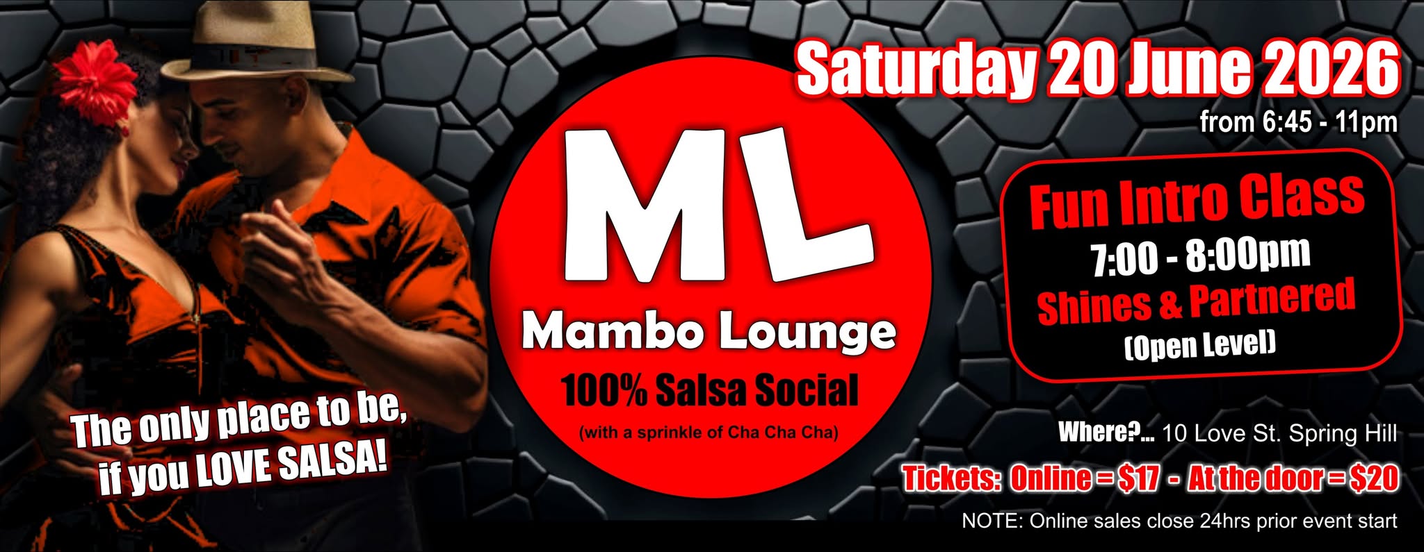 100% Salsa Social & DANCE CLASS! - Saturday 20 June - Mambo Lounge
