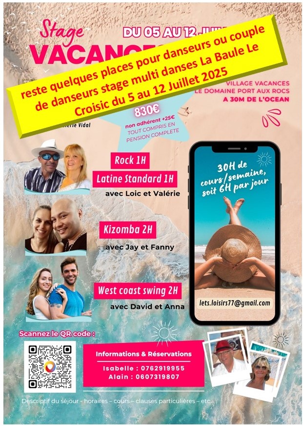 STAGE VACANCES DANSES DU 5 AU 12 JUILLET 2025 - LE CROISIC