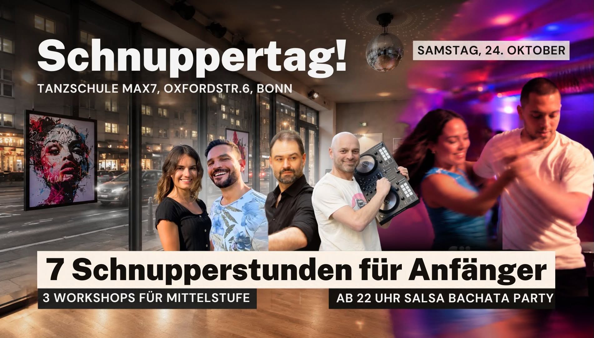 Schnuppertag: 7 Schnupperstunden, Workshops für Fortgeschrittene & Party