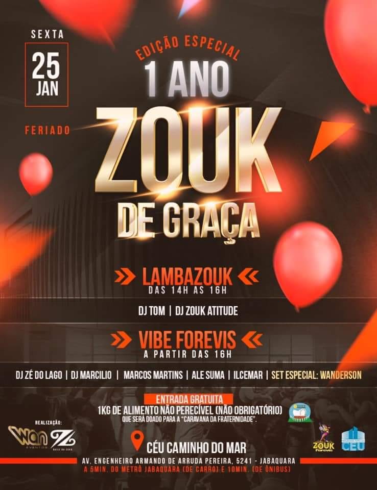 Zouk de Graça 1 ano no Ceu Caminho do Mar 1 kilo de alimento