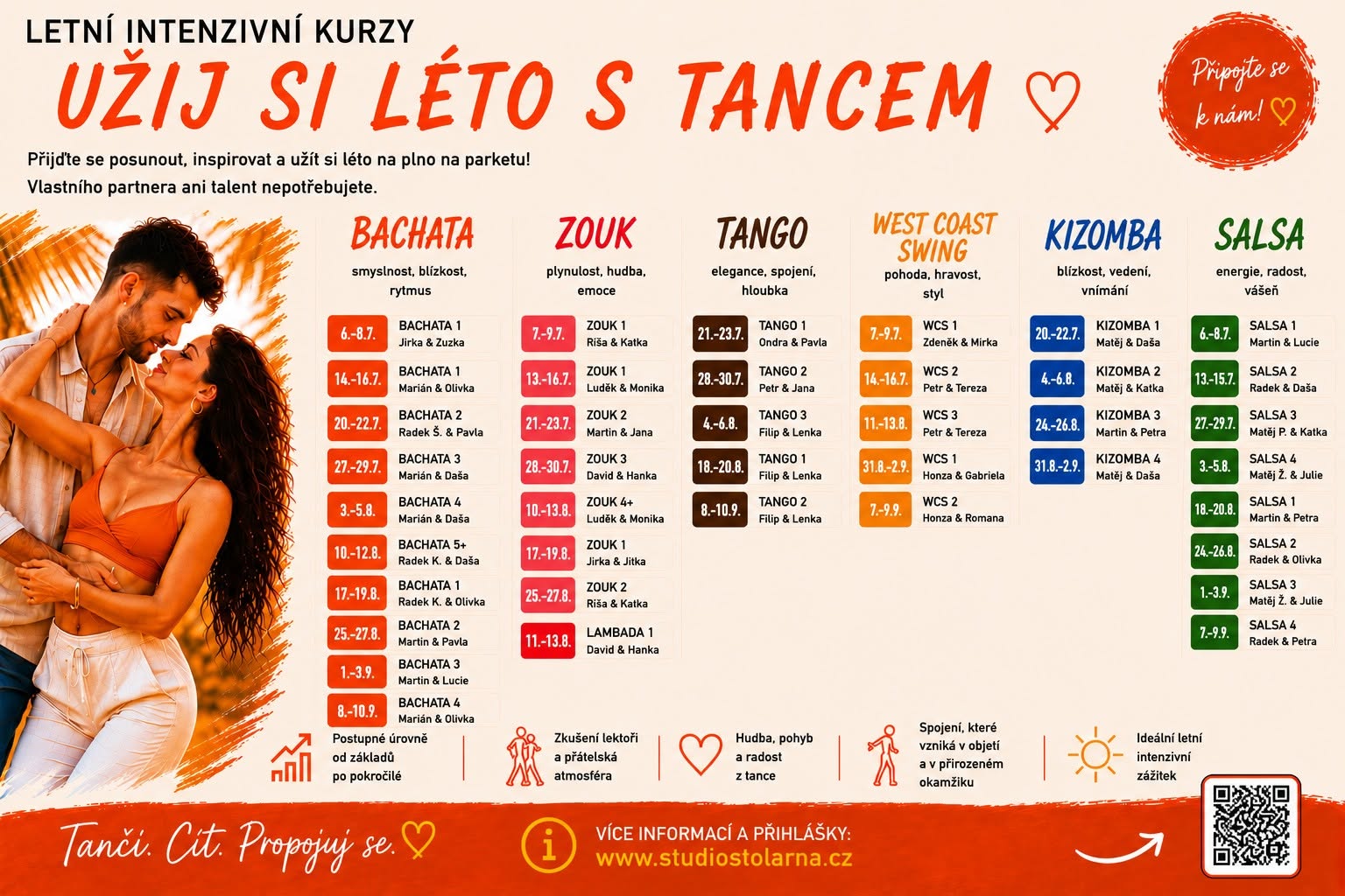 Letní intenzivní kurzy 2026 - bachata, salsa, zouk, lambada, kizomba, tango a west coast swing