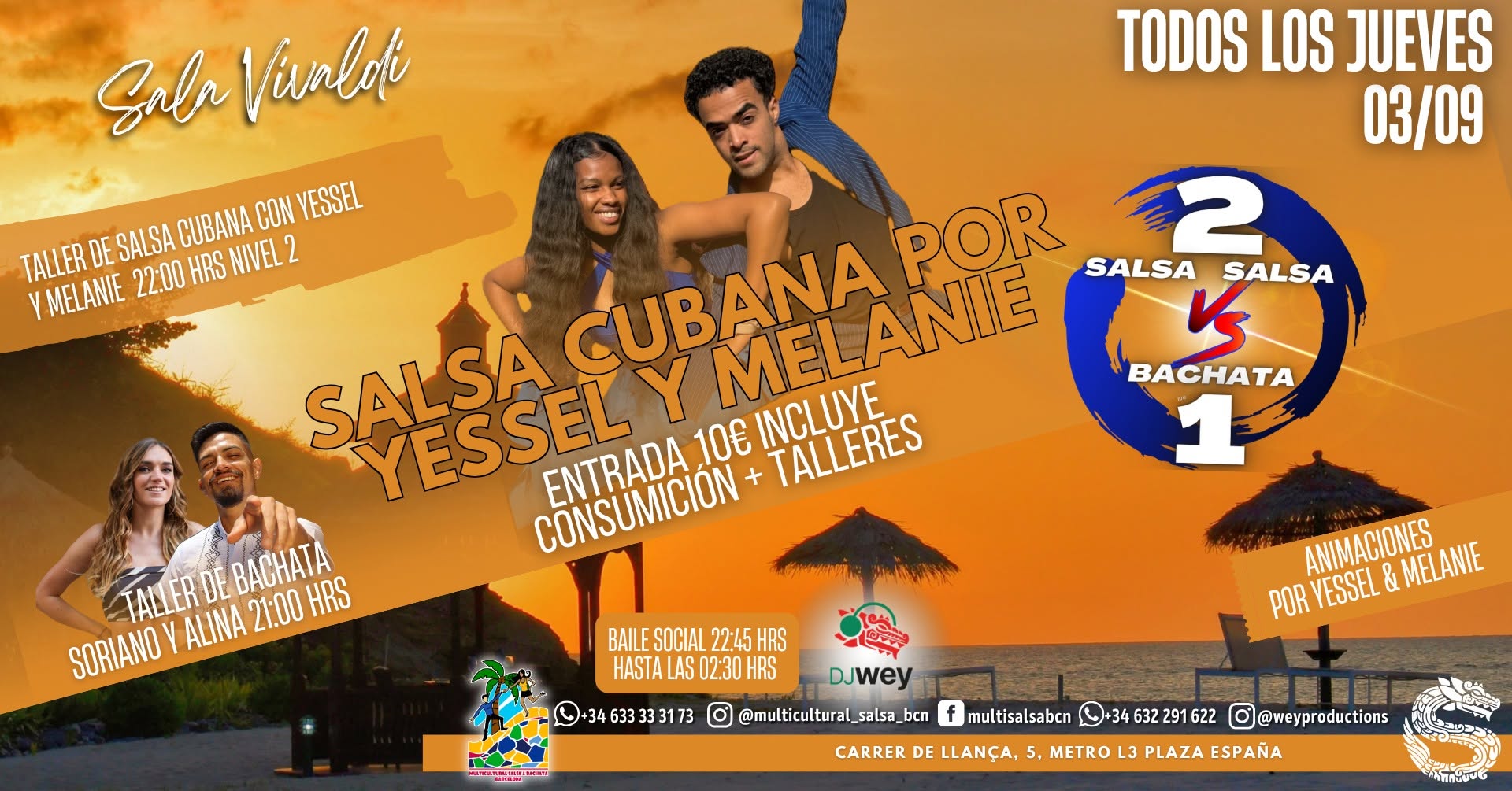 SALA VIVALDI, SALSA VS BACHATA (2VS1), TALLERES DE SALSA CUBANA Y BACHATA+SOCIAL