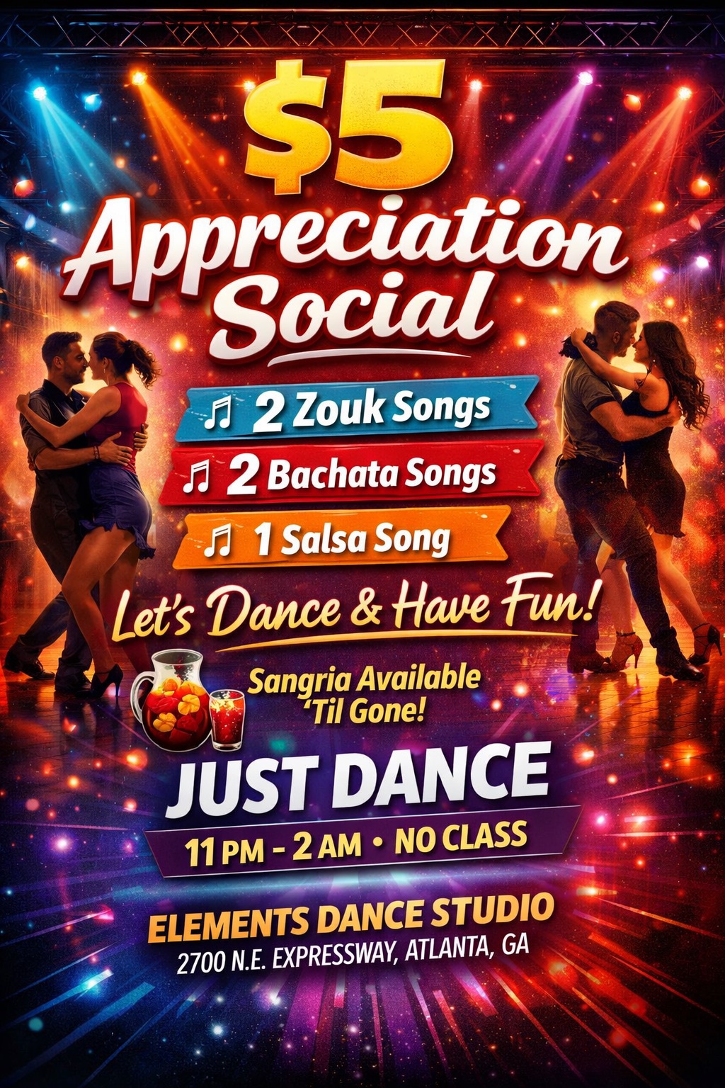 Appreciation Dance $5 at Elements Zouk,Bachata and Salsa .