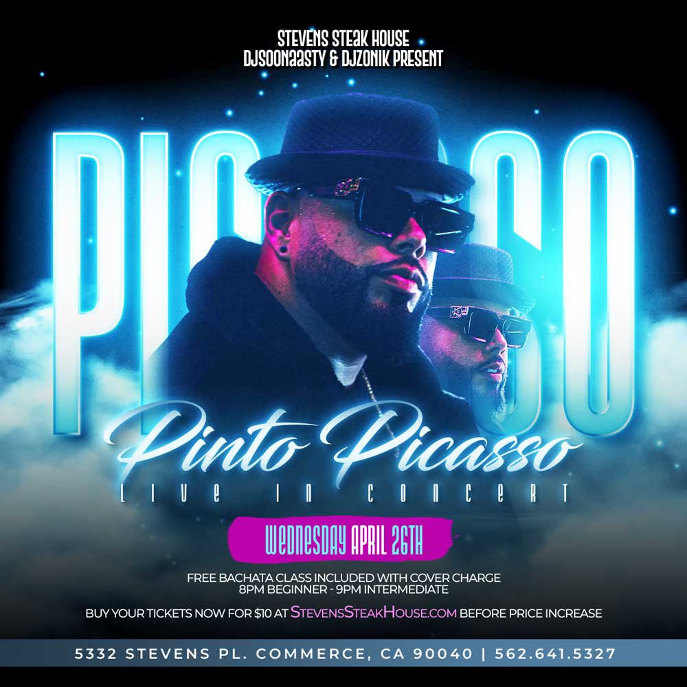 Pinto Picasso Bachata Concert! April 26th @ Stevens Steakhouse Bachata Wednesday! 100% Sensual Room!