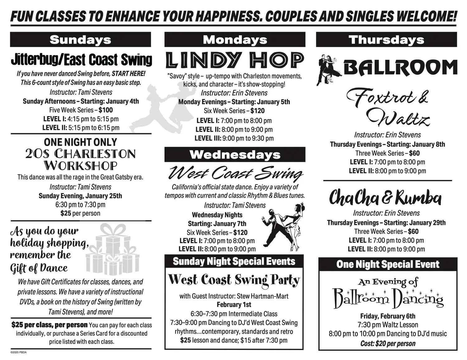 NEW CLASSES & DANCES at PBDA! Kick-off Class is Sunday, January 4th- LOTS of Classes to Choose From!