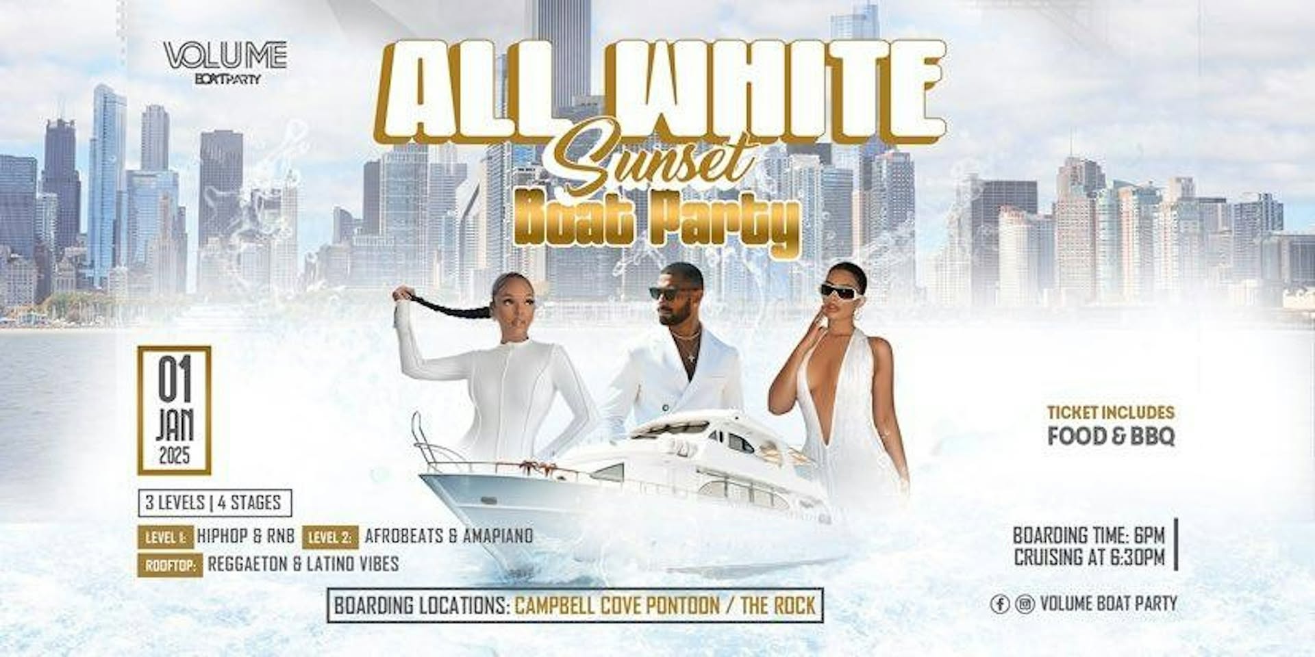 VOLUMEBoatParty ALL WHITE SUN-SET - HIP-HOP - AFRO - AMAPIANO & REGGAETON!