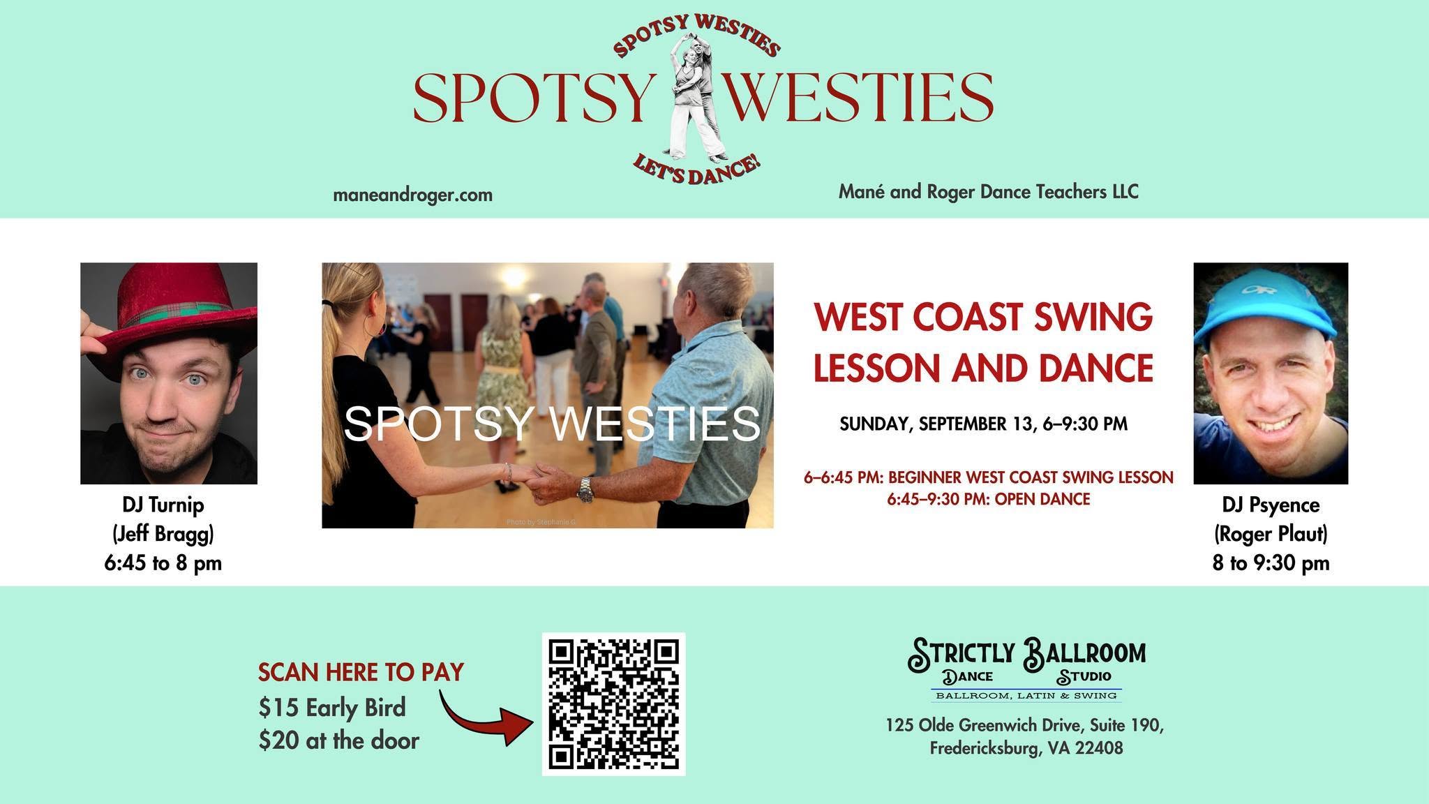 West Coast Swing Social Dance in Fredericksburg, VA, hosted by Spotsy Westies Mané and Roger