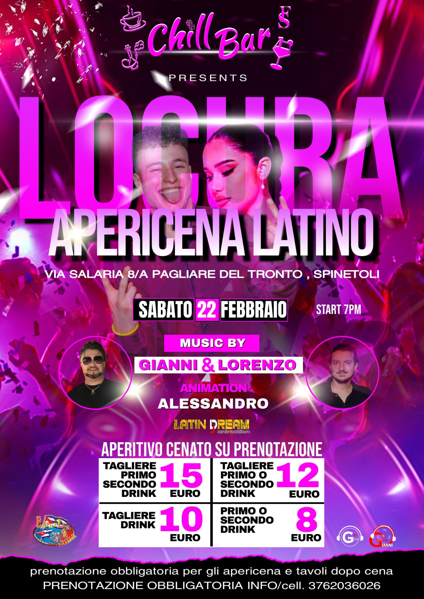 Sabato 22 FEBBRAIO APERICENA LATINO Chill Bar