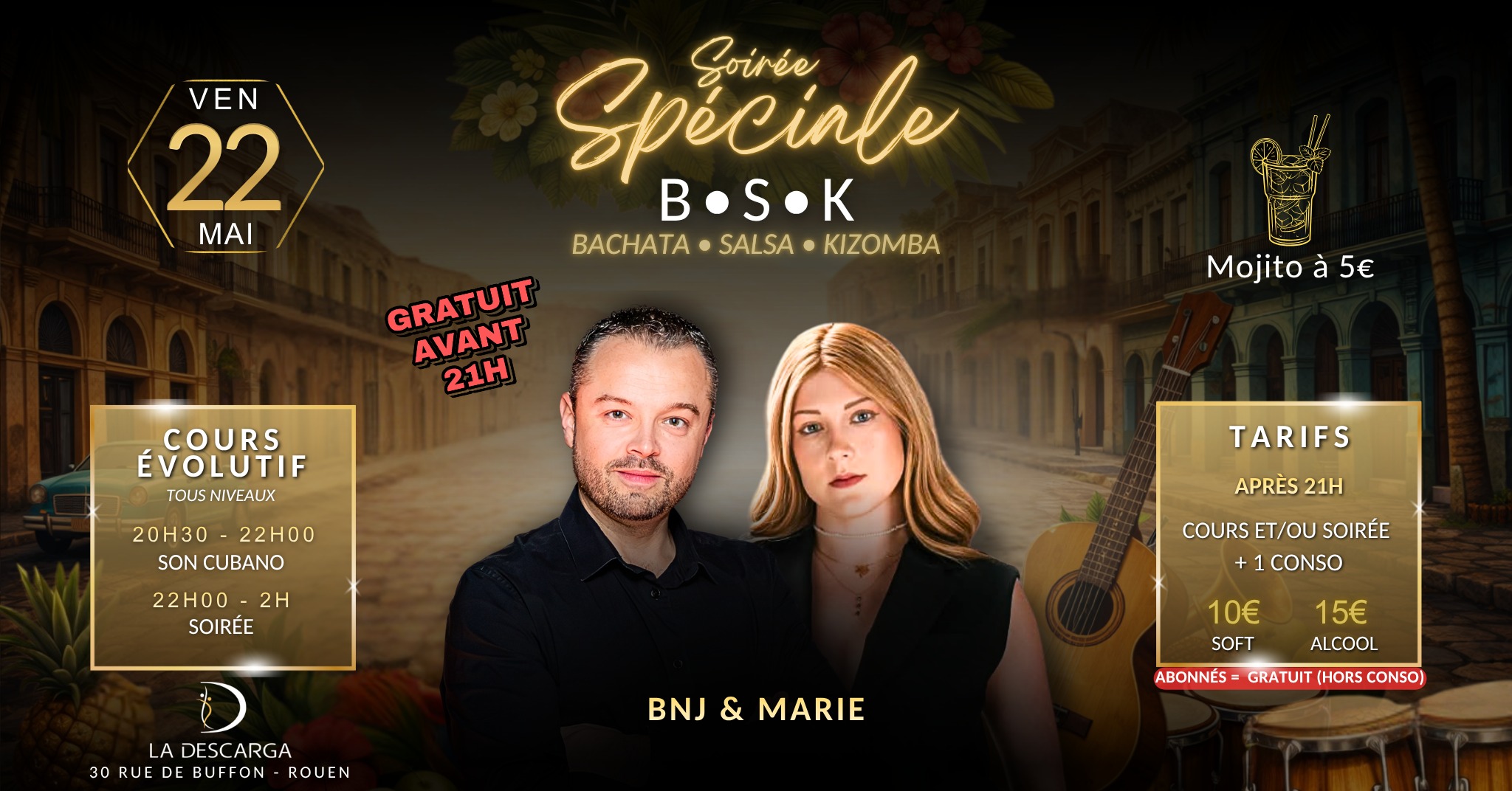 Soirรฉe Spรฉciale BSK (cours de Son Cubano) ร La Descarga (Bachata, Salsa, Kizomba)