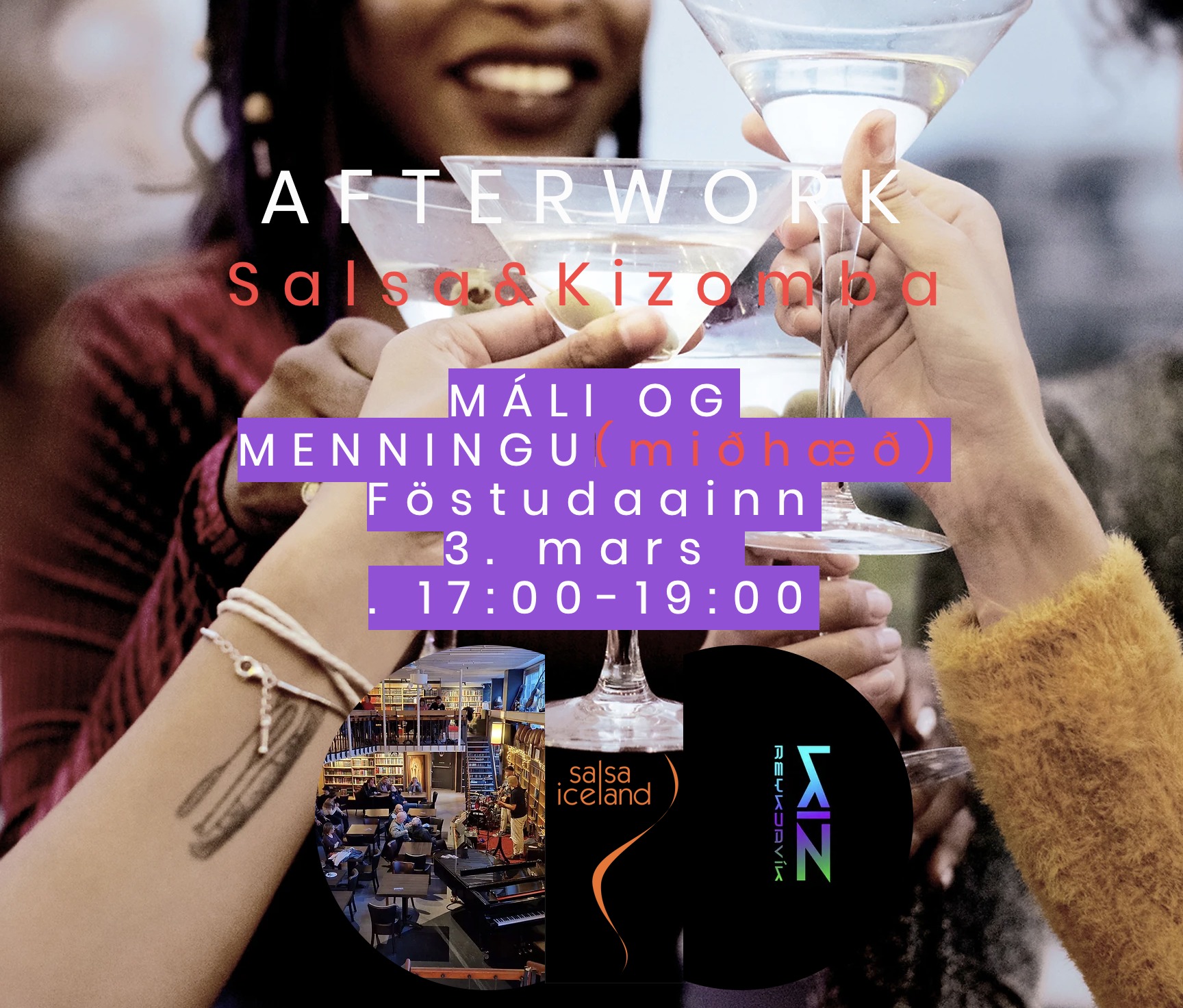 Afterwork salsa and kizomba at Mál og Menning center floor, Friday March 3rd