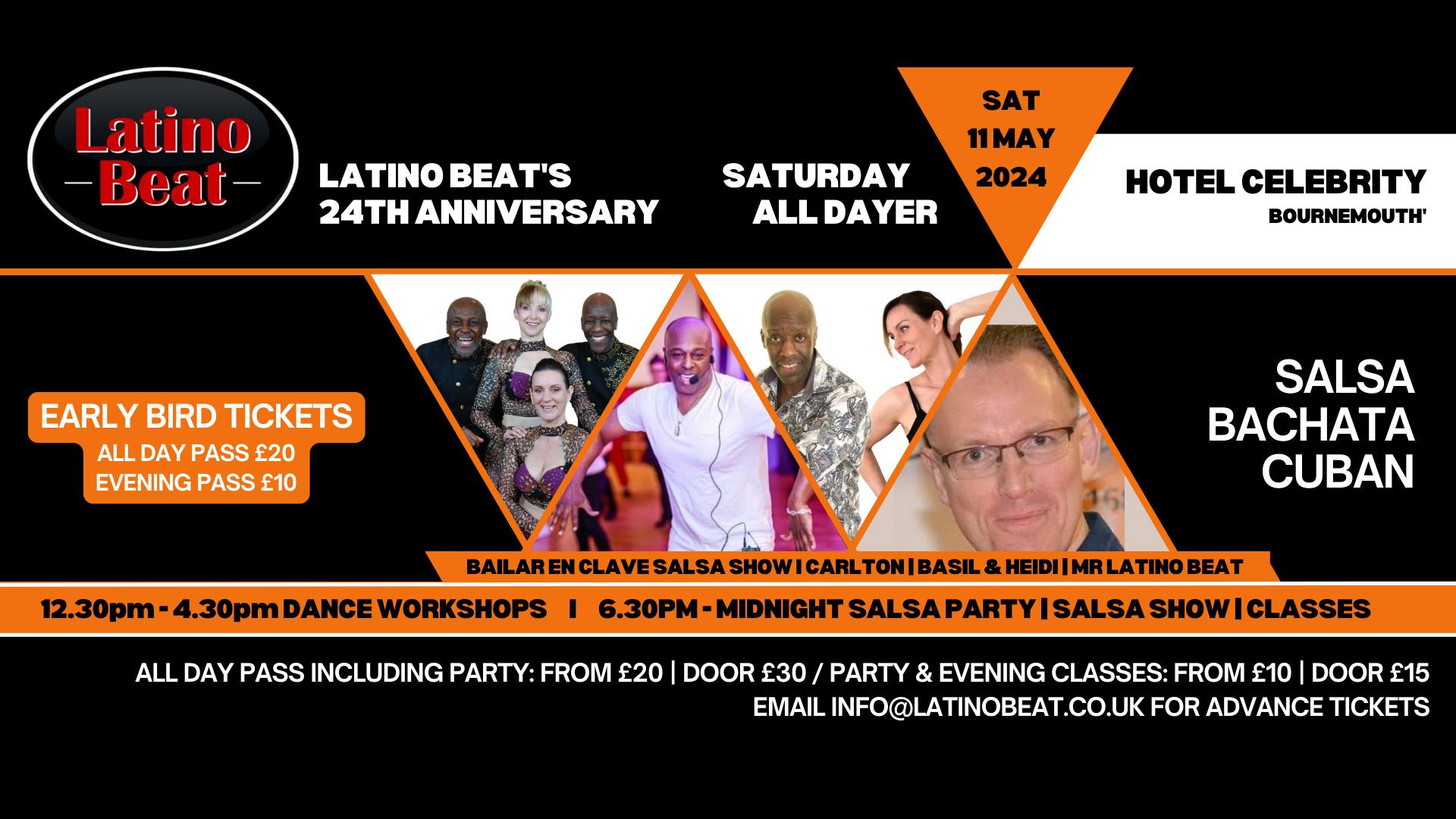 Latino Beat 24 Anniversary AllDayer SALSA BACHATA CUBAN ClassesPartyShow Hotel Celebrity Bournemouth