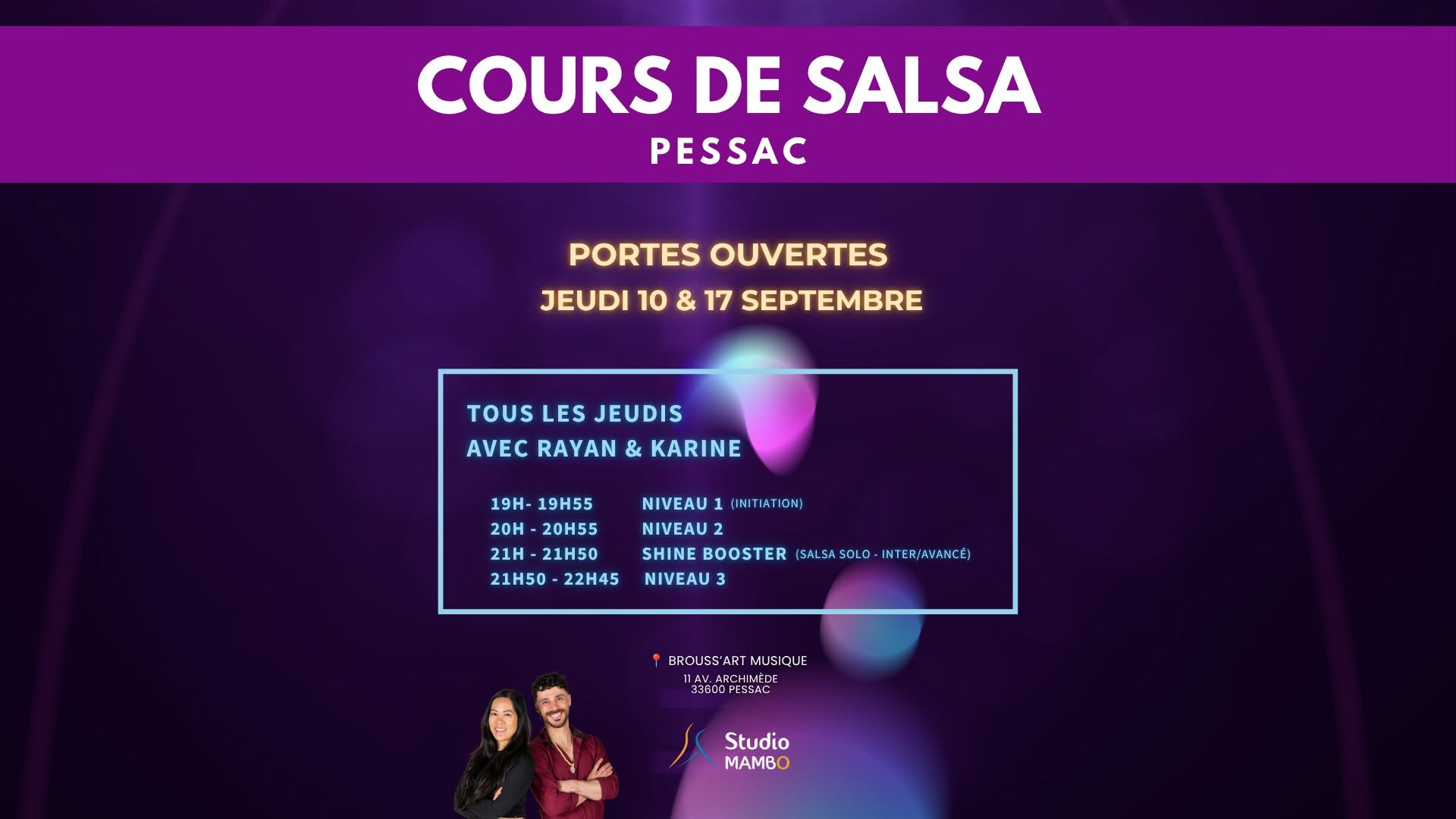 💃 Portes Ouvertes Salsa 2 jeudis gratuits à Pessac Studio Mambo